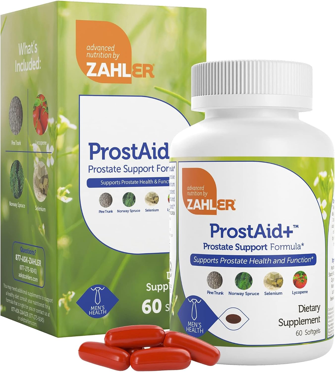 Zahler ProstAid+ Prostate Supplements for Men with Lycopene & Norway Spruce for Urine Flow, Prostate Support - Made in USA