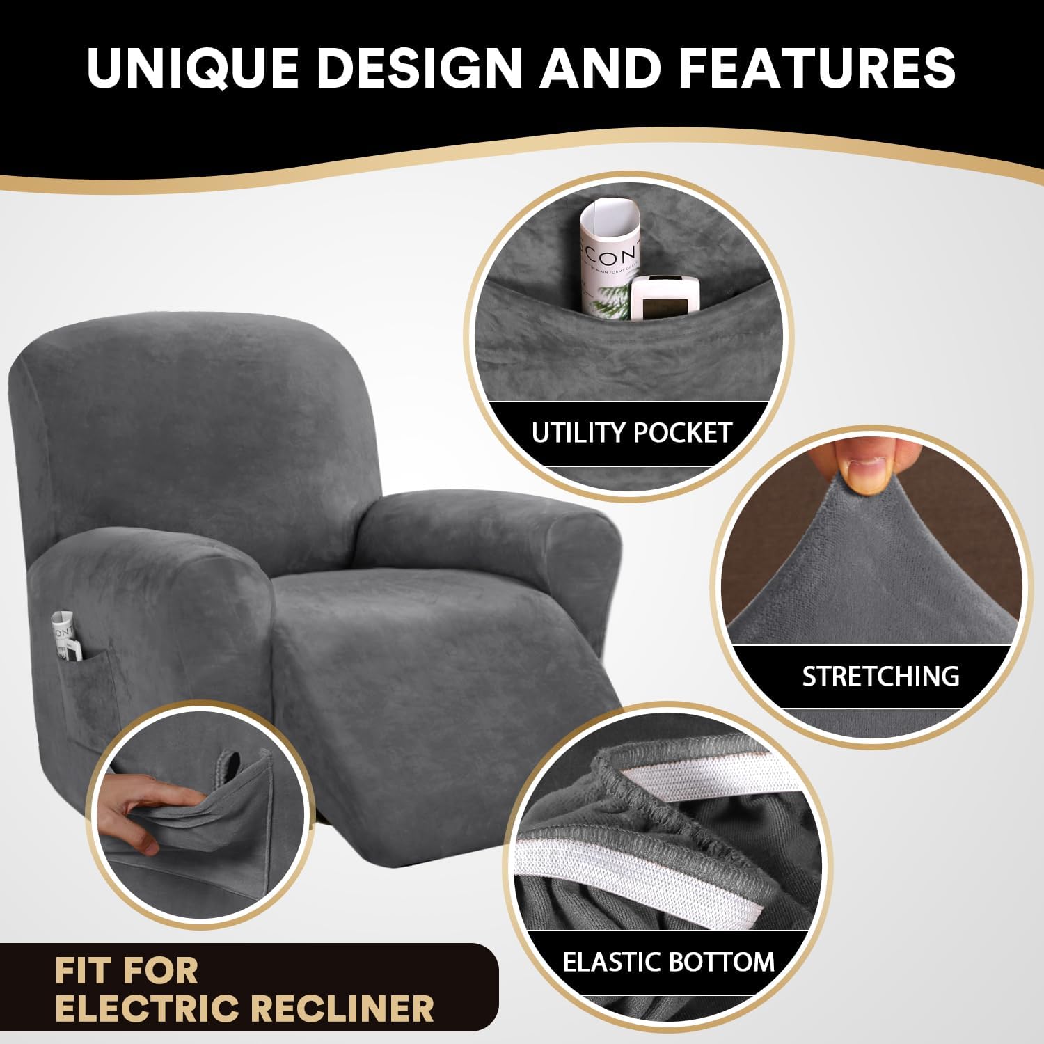 PrinceDeco Recliner Chair Cover Velvet Stretch Recliner Couch Covers 4-Pieces Style Recliner Chair Covers Recliner Cover for Reclining Chair