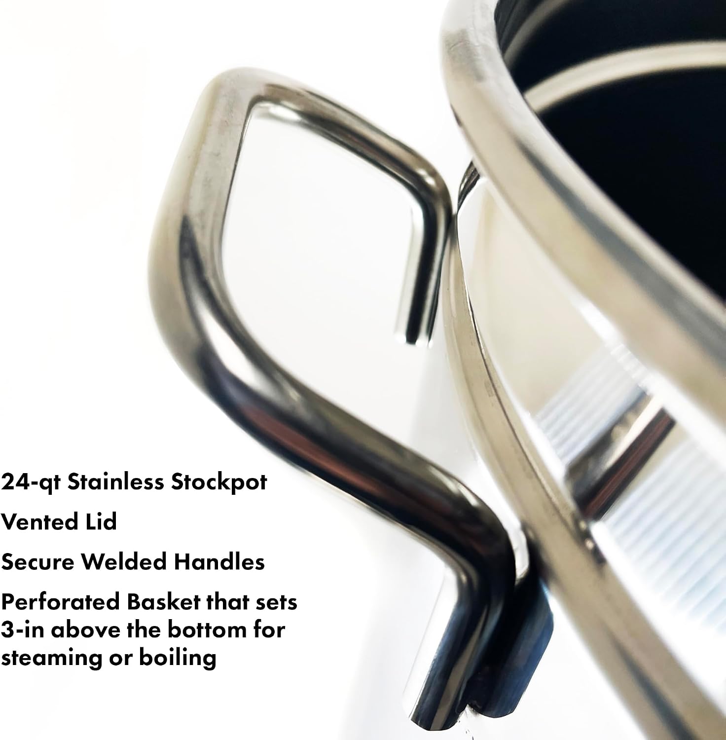 Bayou Classic 1124 24-qt Stainless Stockpot w/Lid And Basket Includes Vented Lid Perforated Stainless Steel Basket Perfect For Steaming Boiling and