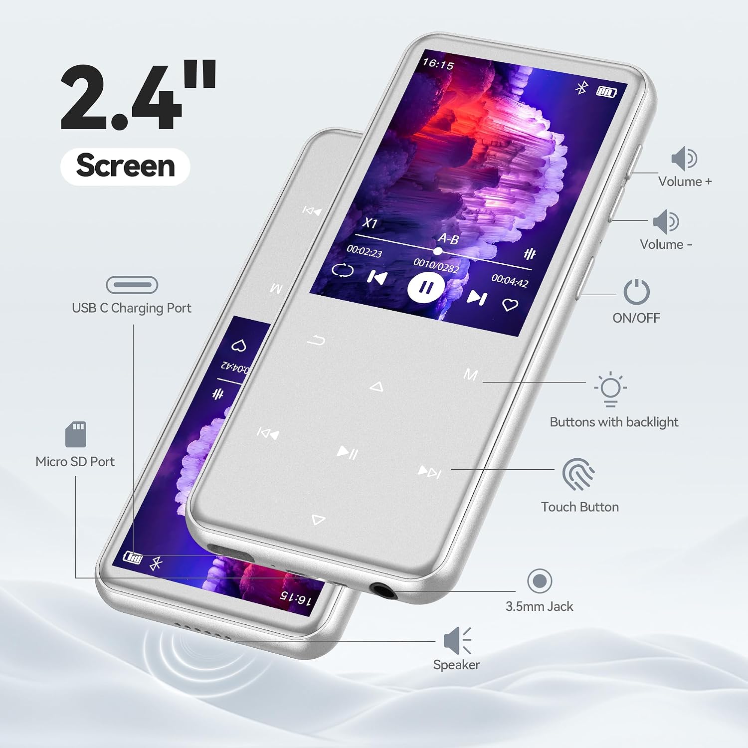 AGPTEK 64GB MP3 Player with Bluetooth, M3 2.4'' Player with Speaker | with FM Radio, Touch Buttons, Supports Up to 128GB(Purple)