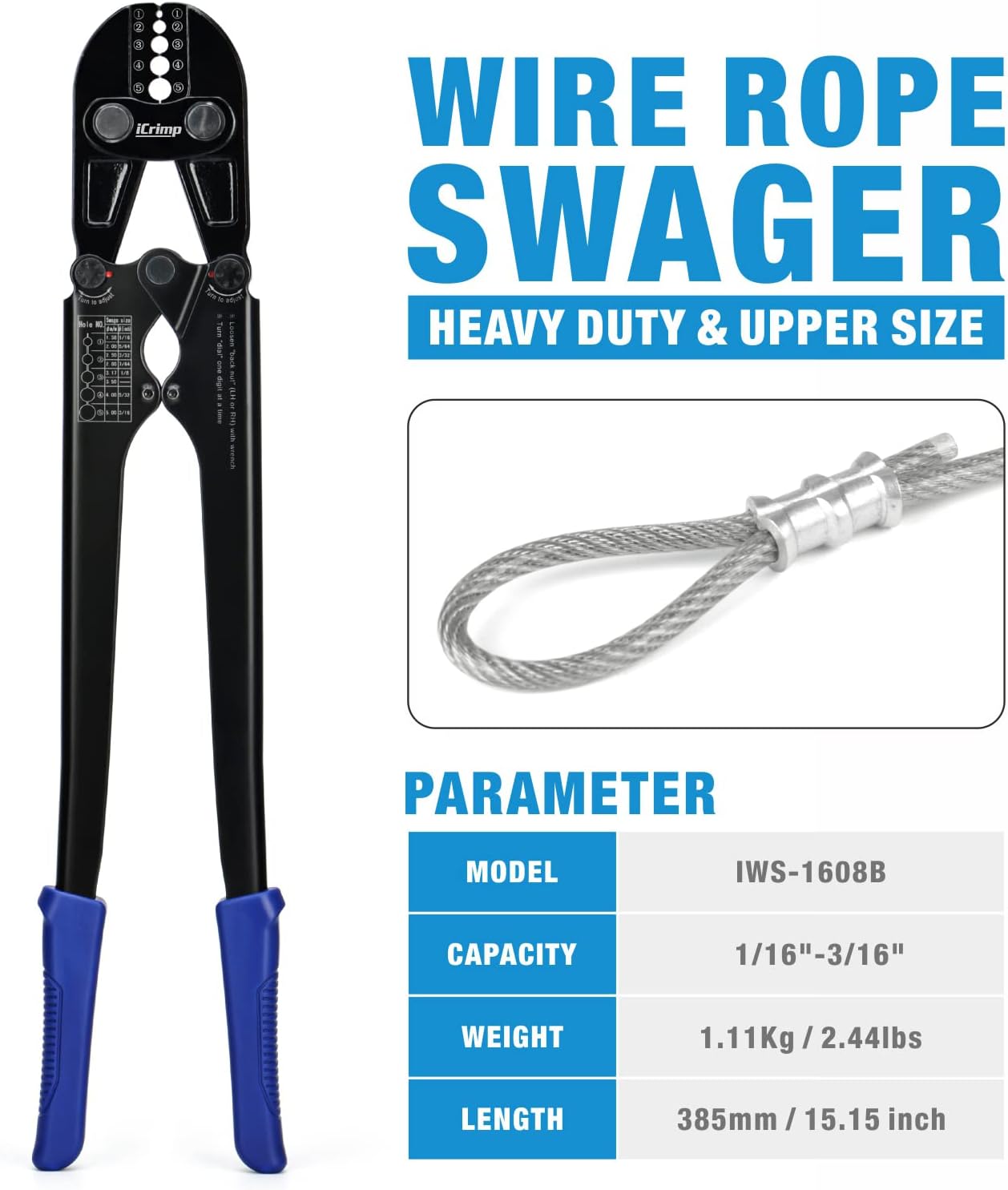 iCrimp Wire Rope Crimping Tool for Aluminum Loop Sleeve, Two Barrel Ferrule, Oval Sleeves, 3/64 in to 1/8 in, Swaging Tool Kit with Wire Rope Cutter