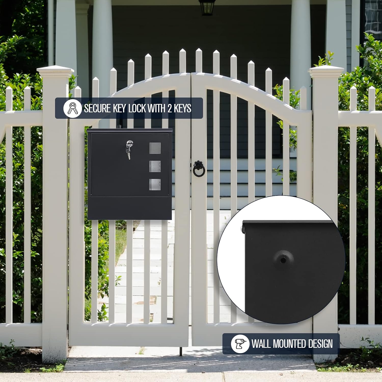 KYODOLED Mailbox for Outside, Wall Mount Locking Mailbox, Security Drop Box with Key Lock for Letters, Cash, Cards, Steel Mail Box for House Office School, 12.4H x 8.54L x 3.35W Inches, Black