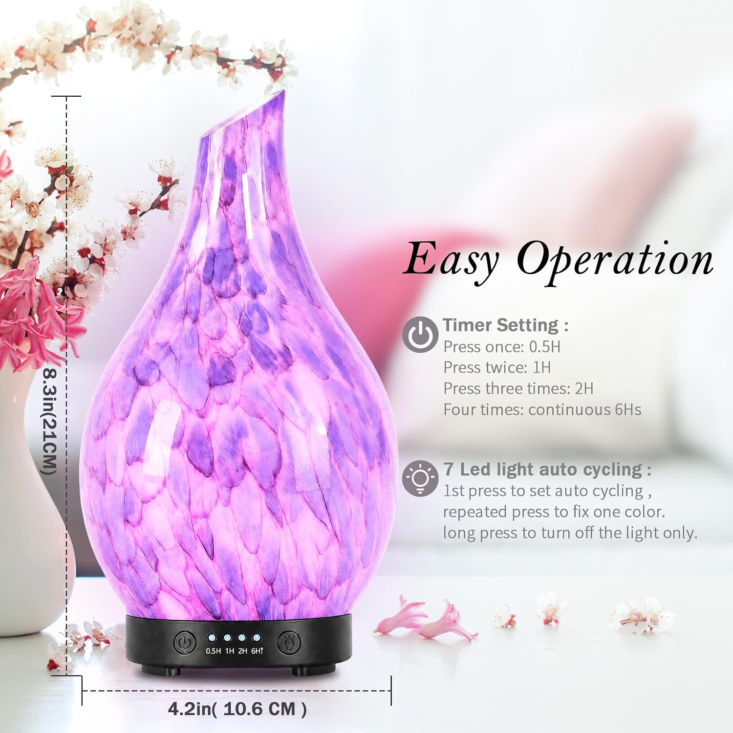Aromatherapy Essential Oil Diffuser for Home- Art Glass Diffuser for Essential Oils with Waterless Auto Shut-Off 4 Timer 7 Colors LED Night Light