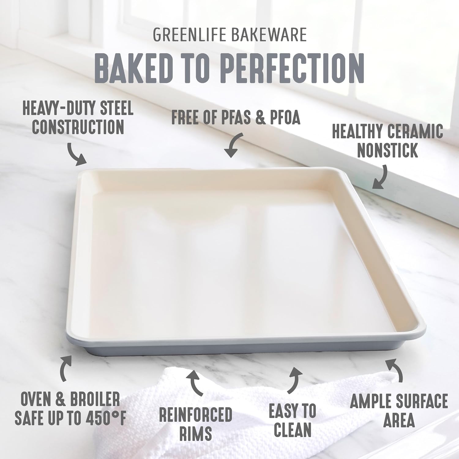 GreenLife 13" x 9" Quarter Sheet Baking Pans, 2 Piece Bakeware Set, PFAS-Free Ceramic Nonstick Rectangular Cookie Trays, Oven Safe to 450°F