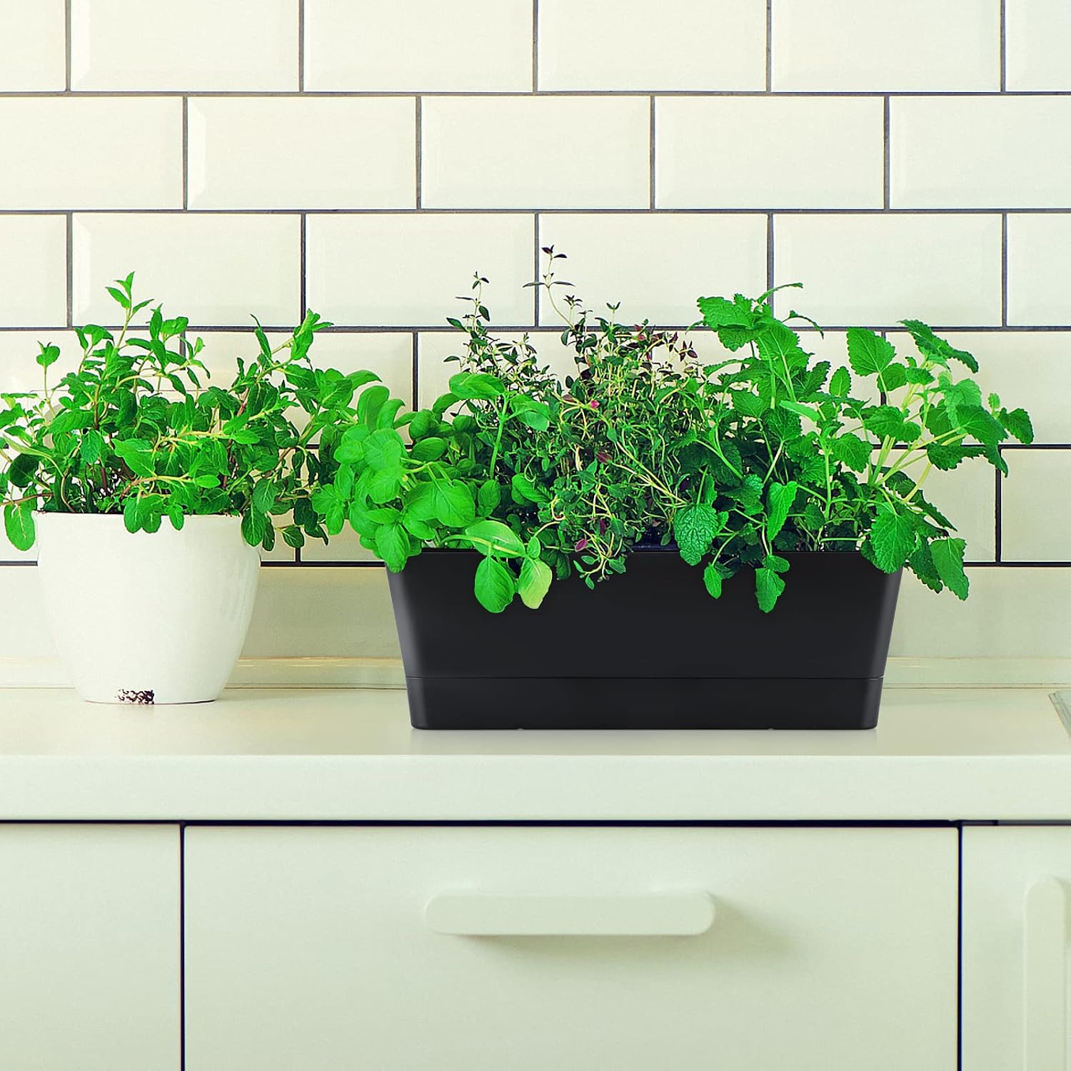 Skelang 3 Pcs Rectangular Plant Pot, 12" Watering Container with Drainage Hole, Window Planter Box with Saucer for Succulents, Flowers, Indoor Plants