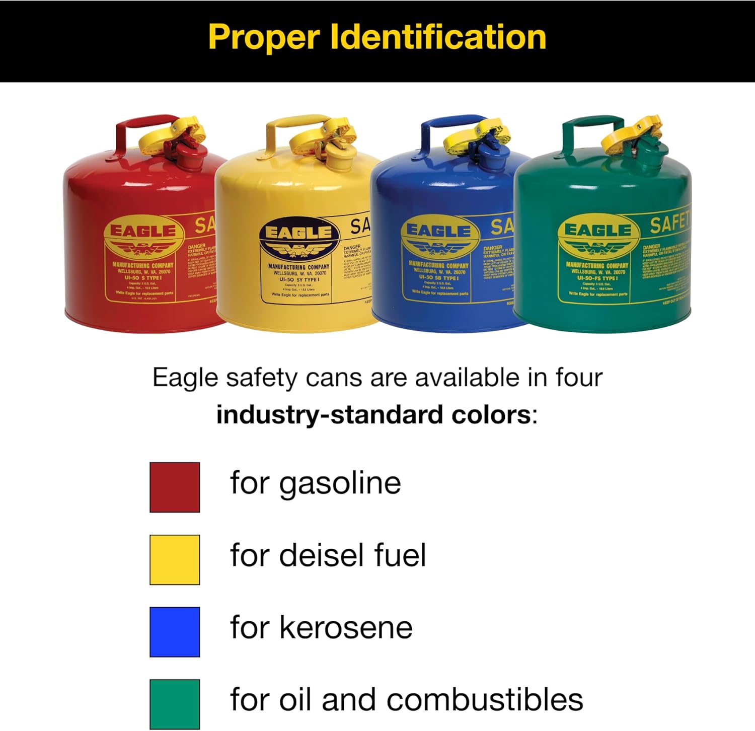 Eagle 5 Gallon Type I Yellow Safety Gas Can for Diesel | Flame Arrester, Self-Closing Lid, and F-15 Funnel, Made in the USA