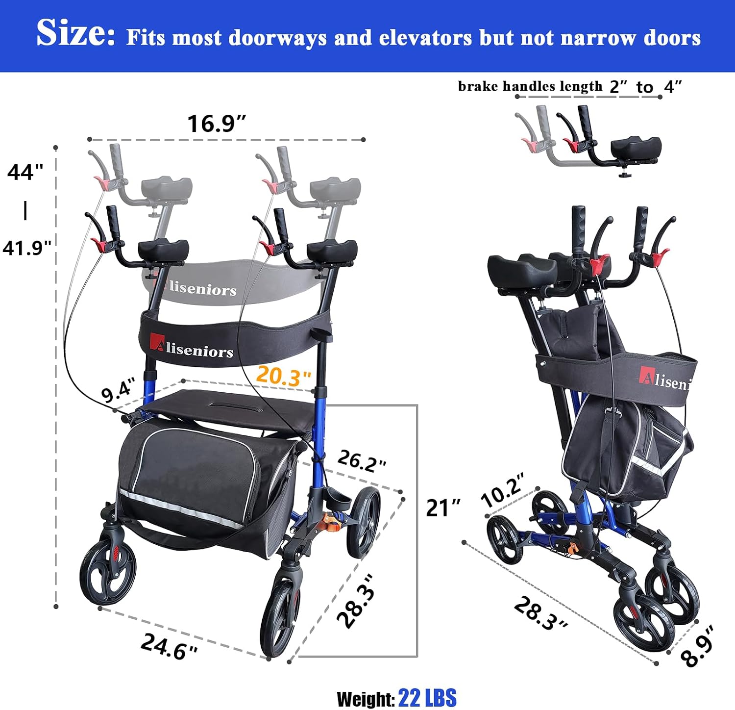 Aliseniors Upright Walker for Seniors - Big Stand Up Walker with Wide Seat, Foldable 4 Wheel All-Terrain Rolling Walker, Adjustable Armrests, 300lbs, Improves Posture & Reduces Back Strain | 20.6" Wide Seat, Foldable Rollator, 8" All-Terrain Wheels, Adju…