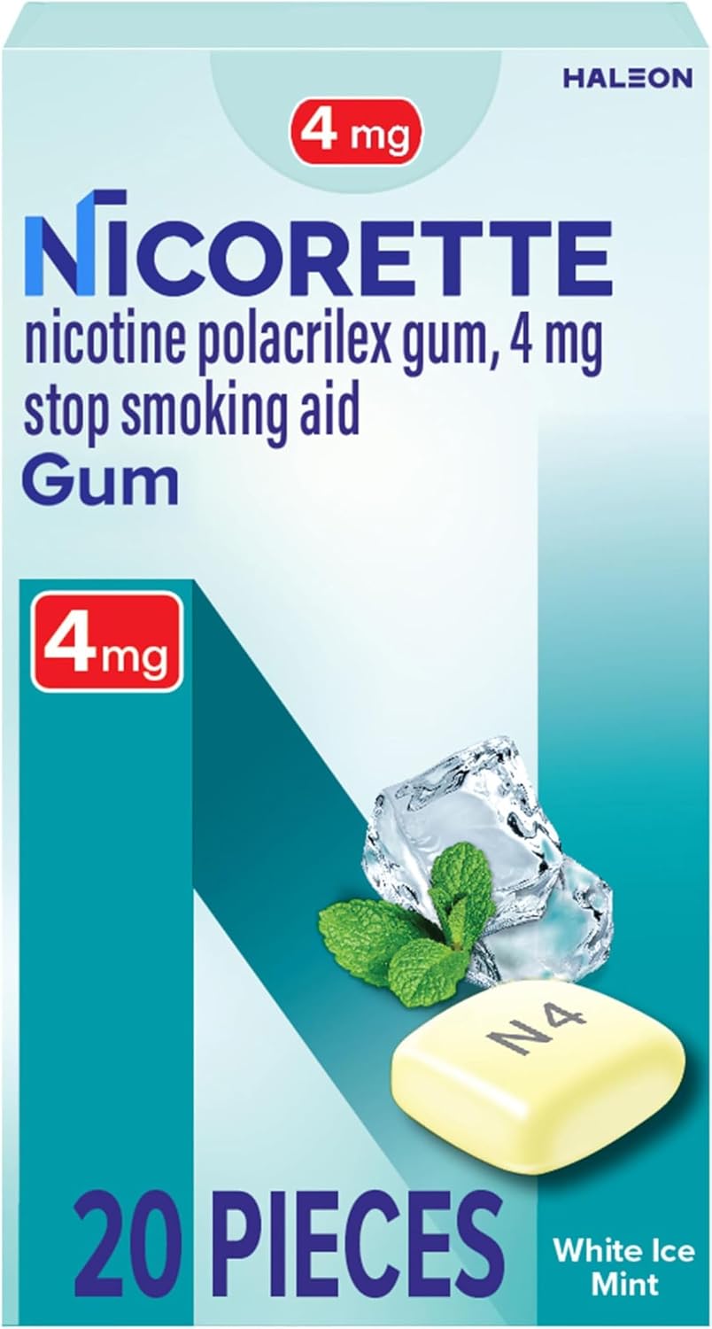 Nicorette Nicotine Gum 4mg, Quit Smoking Aid, White Ice Mint, 20 Count | Reduces Nicotine Cravings and Withdrawal Symptoms, Intense Craving Relief, Portable Smoking Cessation Gum