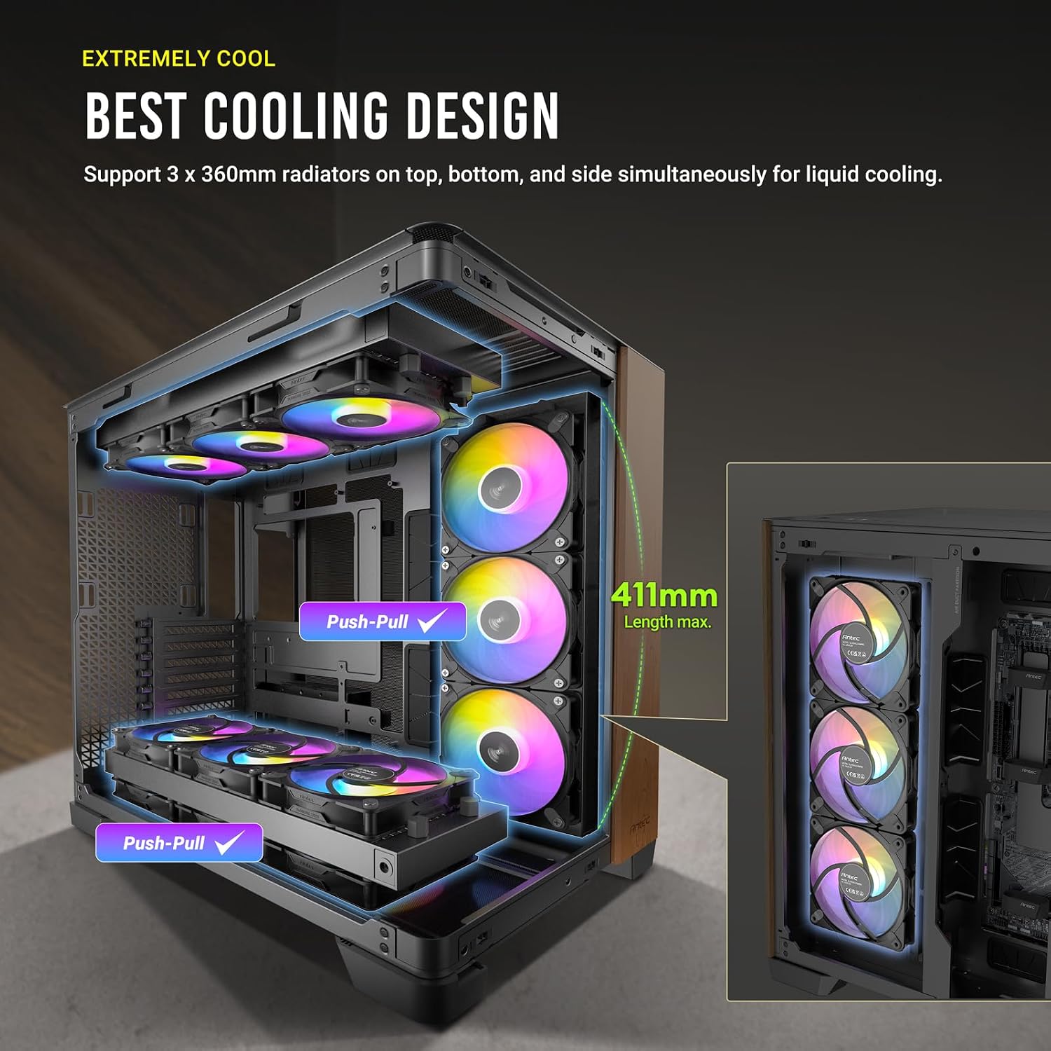 Antec C8 Wood, Fans not Included, Wooden Front Panel, Dual-Chamber Layout, Type-C, 360mm Radiator Support, Seamless TG Front & Side Panels, RTX 40 Compatible, Full-Tower E-ATX PC Case