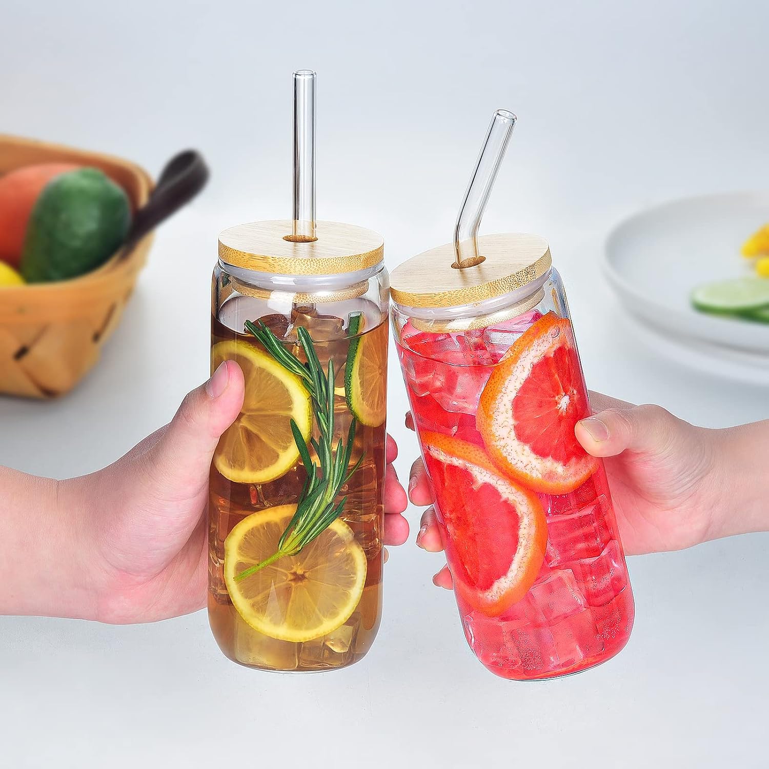 20 Oz Drinking Glasses - 6 Pcs Glass Cups with Bamboo Lids and Straws | Food-grade durable clear tumbler, Coffee bar accessories, Aesthetic gift