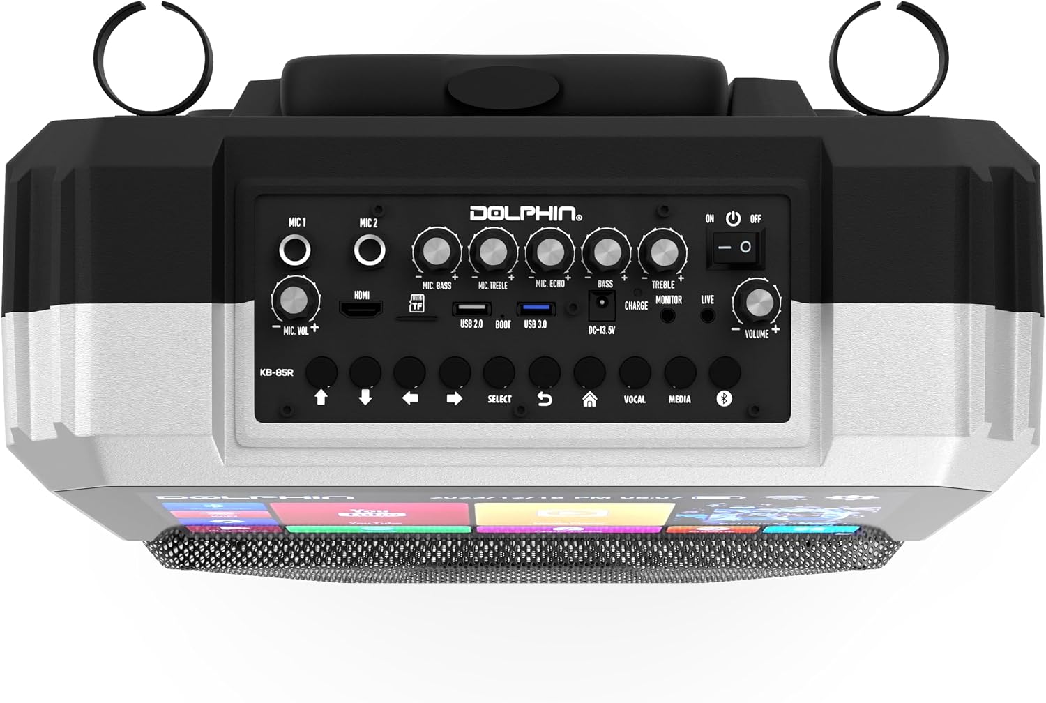 Dolphin KB-85R Karaoke Machine with Wireless Microphone, 8" Woofer | 14" Tablet, 100W RMS, 5400mAh Battery, Bluetooth, HDMI Output, USB, SD, FM