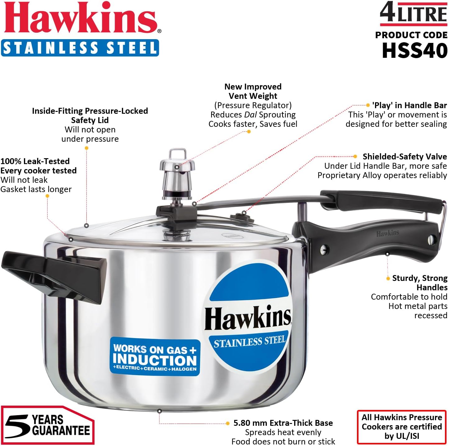 Hawkins Stainless Steel 5.0 Litre Pressure Cooker