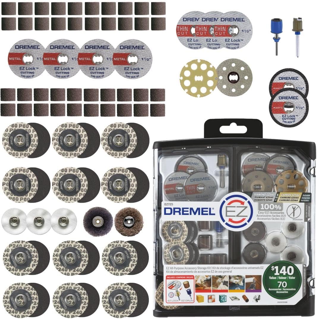 Dremel 160-Piece Rotary Tool Accessory Kit with EZ Lock Technology - 1/8" Shank - Cutting Bits, Polishing Wheel and Compound, Sanding Drums and Sanding Discs (710-08) | EZ Lock technology, cutting, polishing and sanding accessories