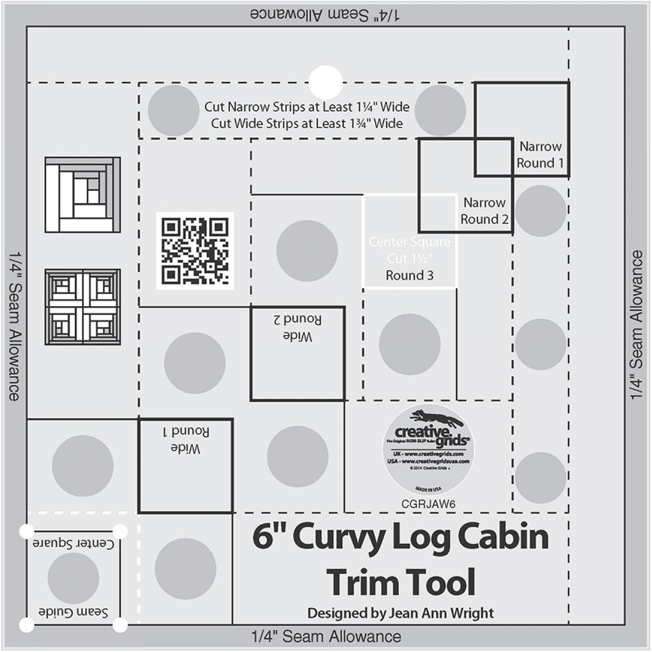 Creative Grids Curvy Log Cabin Trim Tool Quilt Ruler – CGRJAW6 – Made in USA, 6-1/2in x 6-1/2in, Non-Slip Grip Acrylic Quilting, Sewing, Crafting