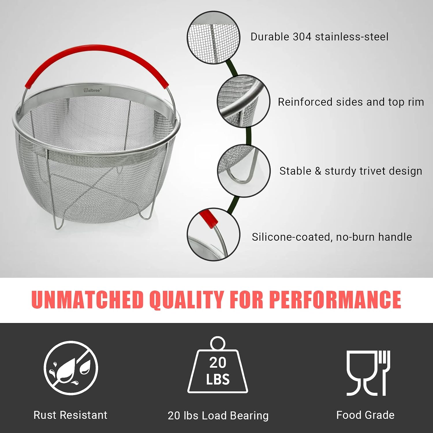 Salbree Steamer Basket for 6qt Instant Pot and Many Other Pressure Cookers | Stainless steel strainer insert with silicone handle fits the 6qt Instant Pot and most air fryers. Comes in 3 different sizes
