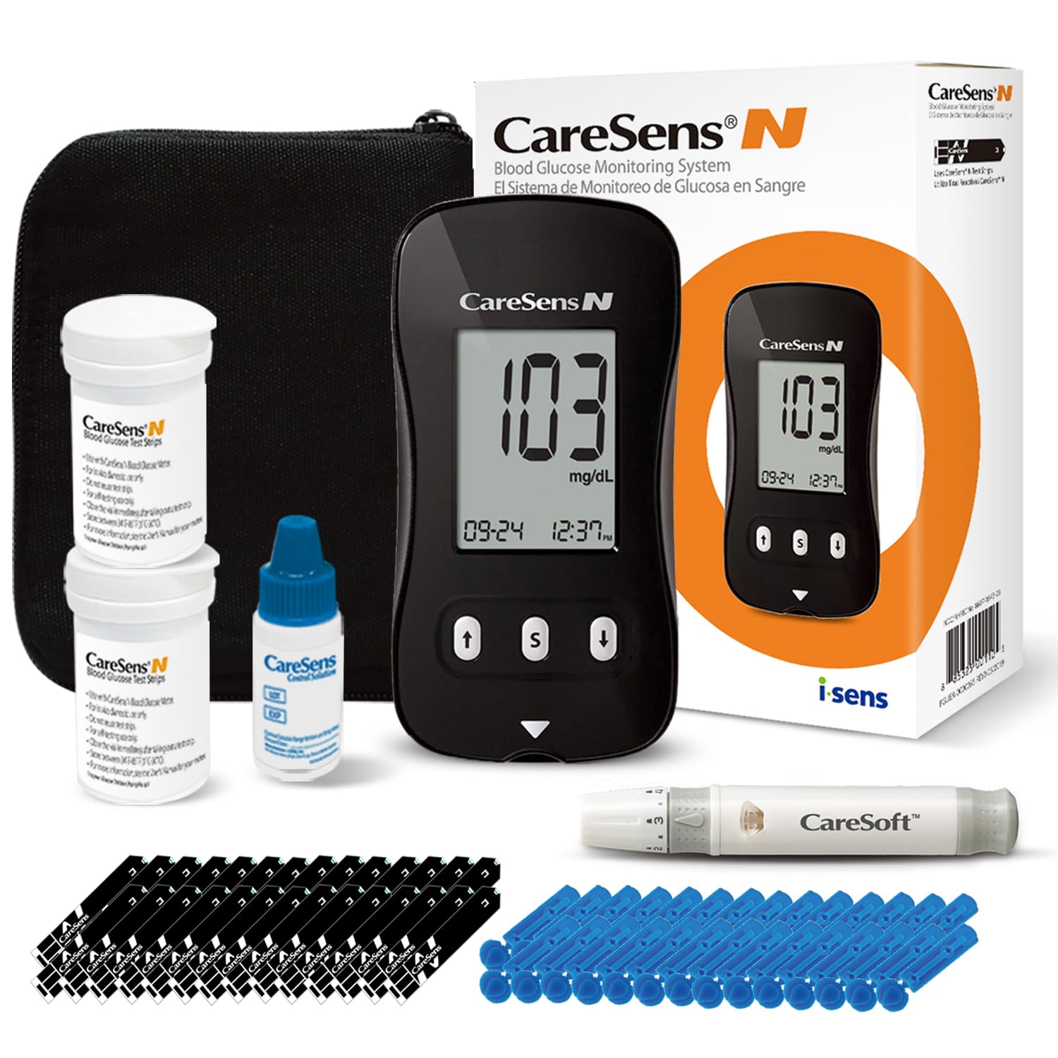 CareSens N Blood Glucose Monitor Kit with 100 Blood Sugar Test Strips, 100 Lancets, 1 Blood Glucose Meter, 1 Lancing Device, 1 Control Solution