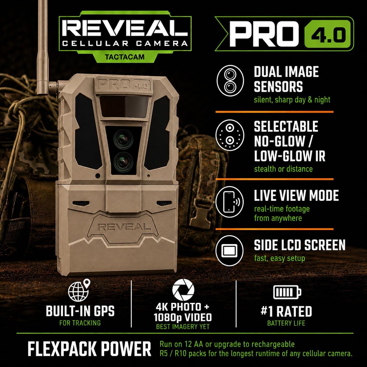 TACTACAM Reveal Pro 4.0 Cellular Trail Camera + FlexPack & Solar R5 (2PK) | Power Bundle – Night Vision, Waterproof, Dual Sensors, 4K