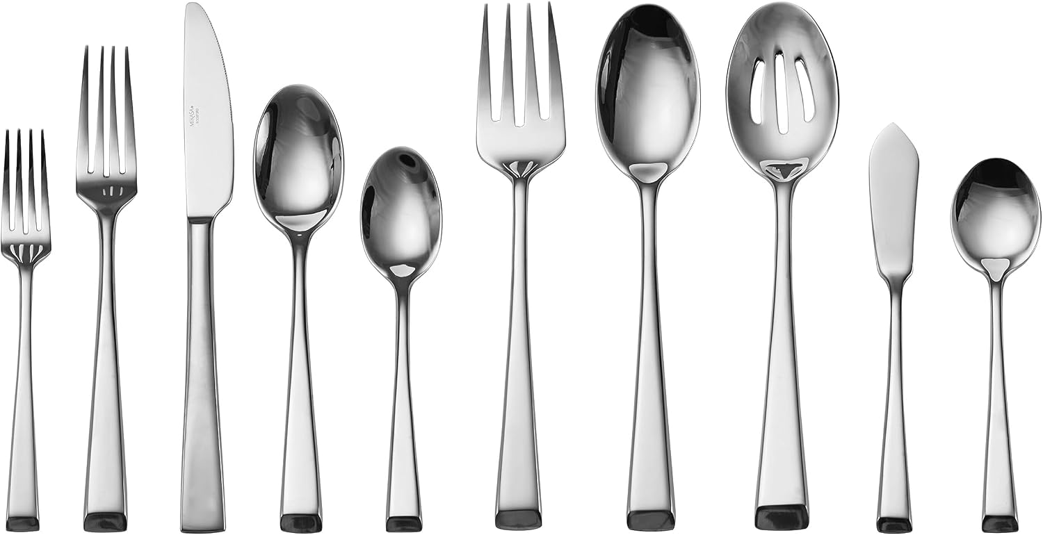 Mikasa Harmony 45-Piece Silverware Set, 18/10 Stainless Steel Cutlery for 8, Includes Forks, Knives, Spoons, and 5-Piece Serving Utensils Set