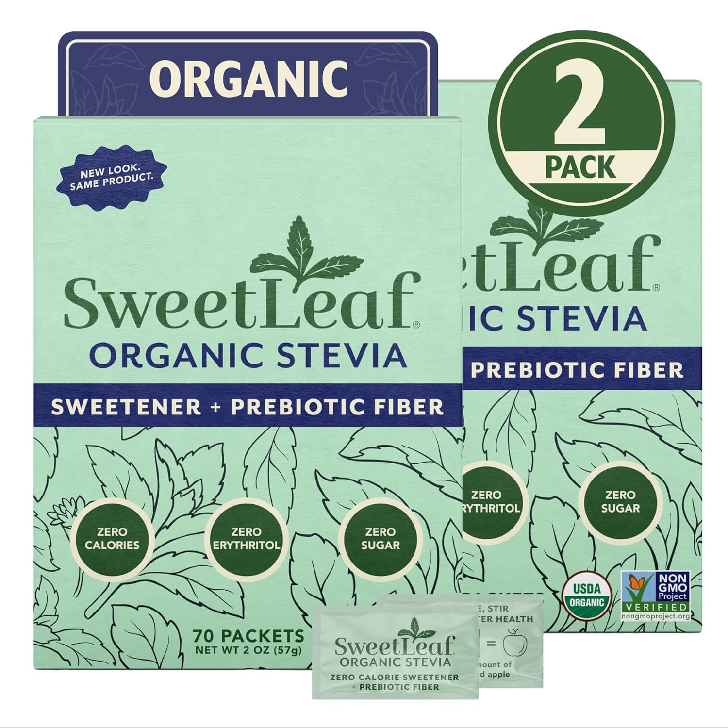 SweetLeaf Organic Stevia Powder Sweetener, Sugar Free - 70 Packets (2 Pack) | Zero Calorie Sweetener No Erythritol, Stevia Leaf Extract, Natural Sugar Substitute for Coffee & Baking, Prebiotic Fiber