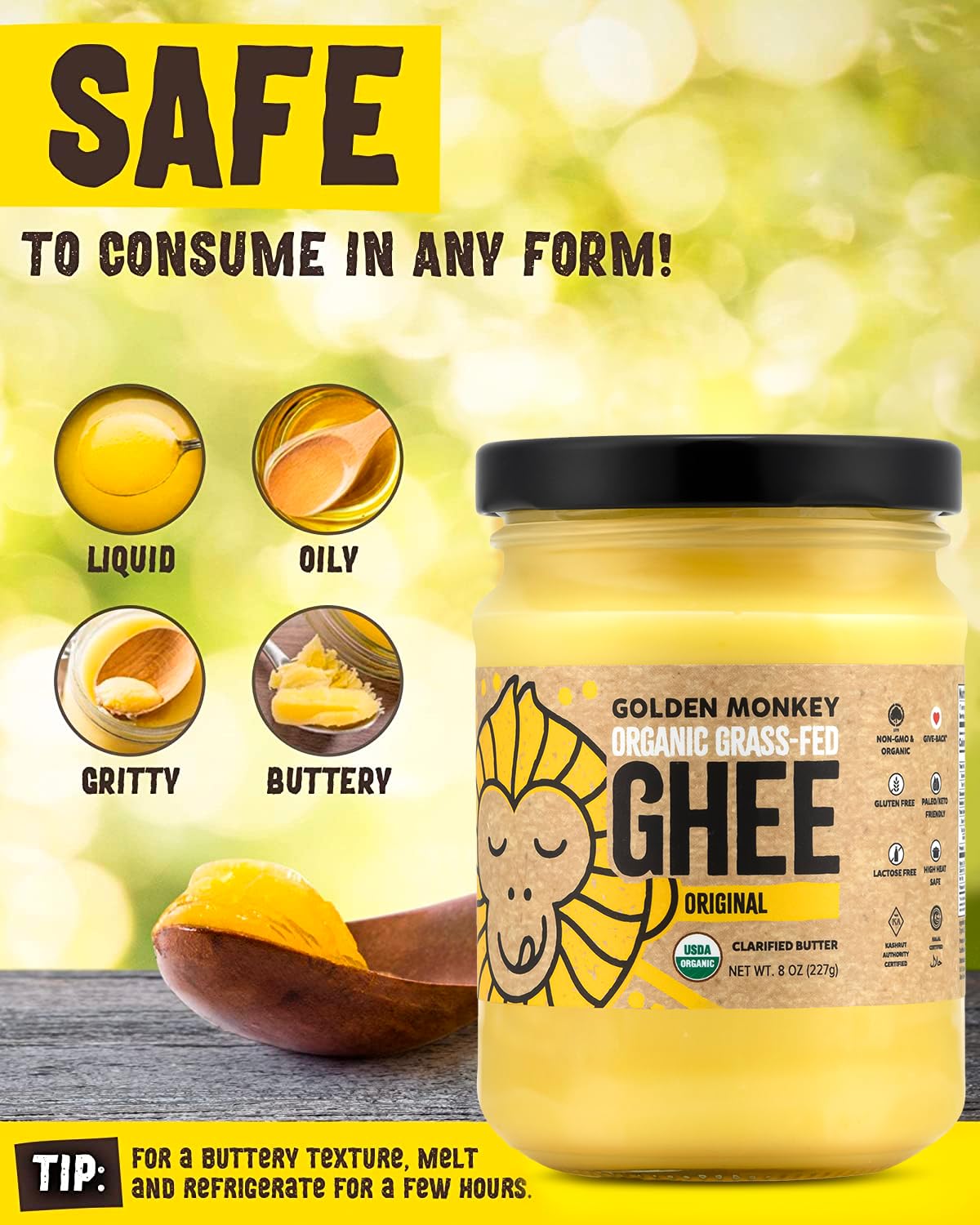 GOLDEN MONKEY Organic Ghee Butter – Grass Fed Clarified Butter for Cooking, Baking