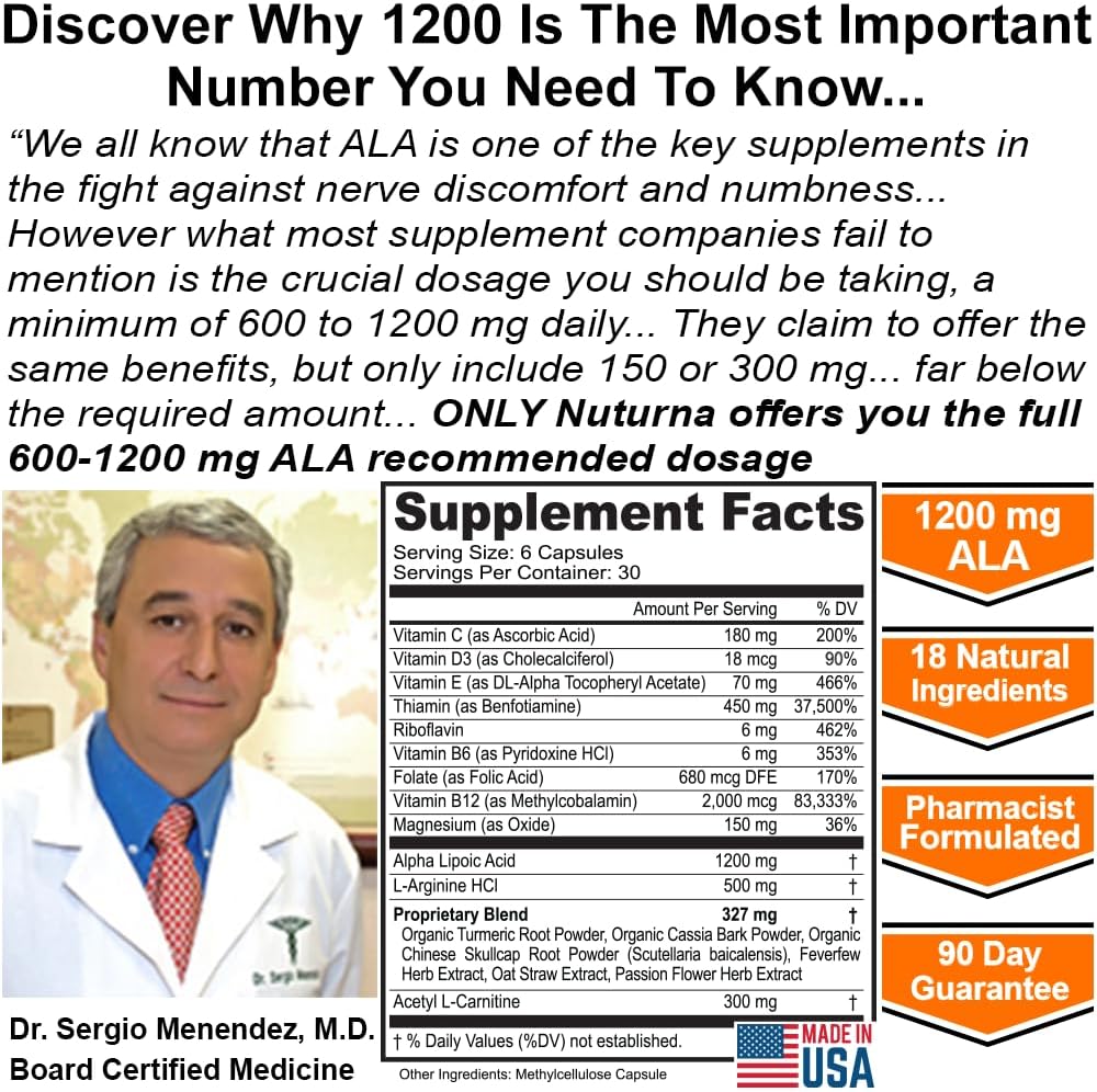Neuropathy Support Supplement with 1200 mg HP-99 Alpha Lipoic Acid - Max Strength ALA Nerve Formula for Feet Hands Fingers Legs - Ultra Potent 18 in