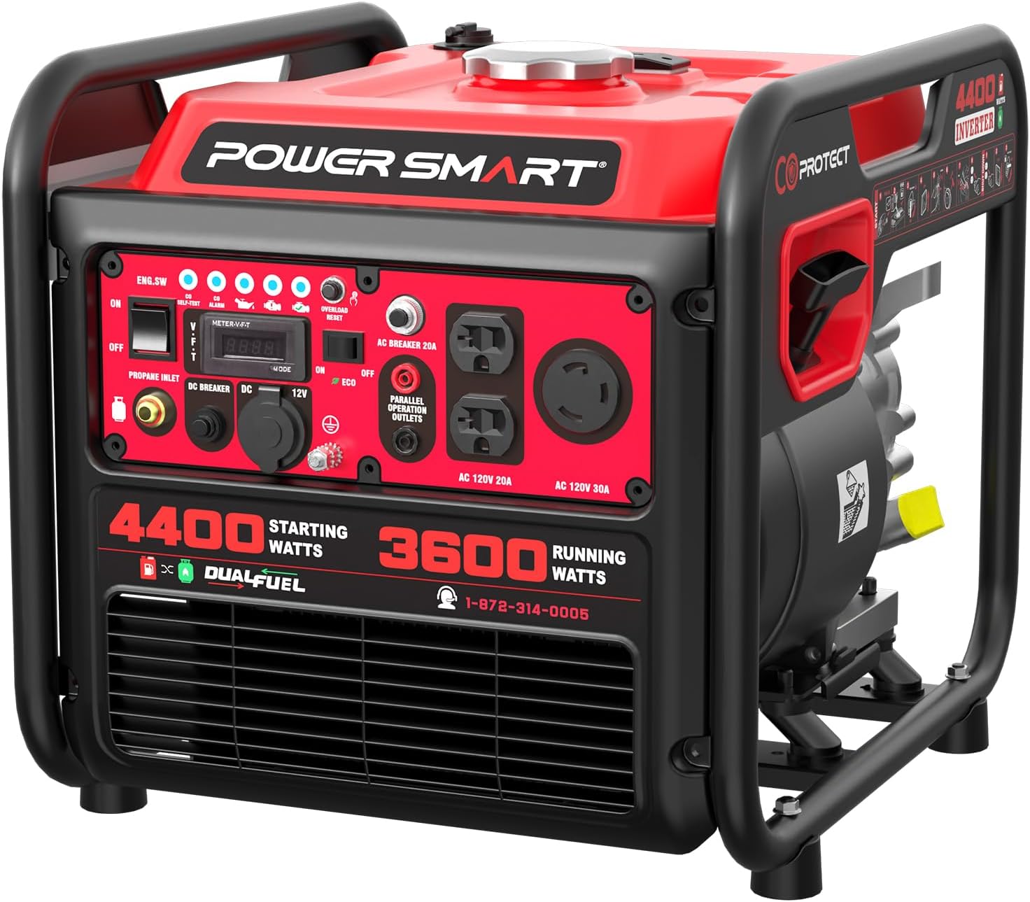 PowerSmart 4400-Watt Open Frame Inverter Generator, Gas Powered, CO-Sensor, Lightweight & Quiet for Home Use and Emergency Backup, Camping, EPA Compliant