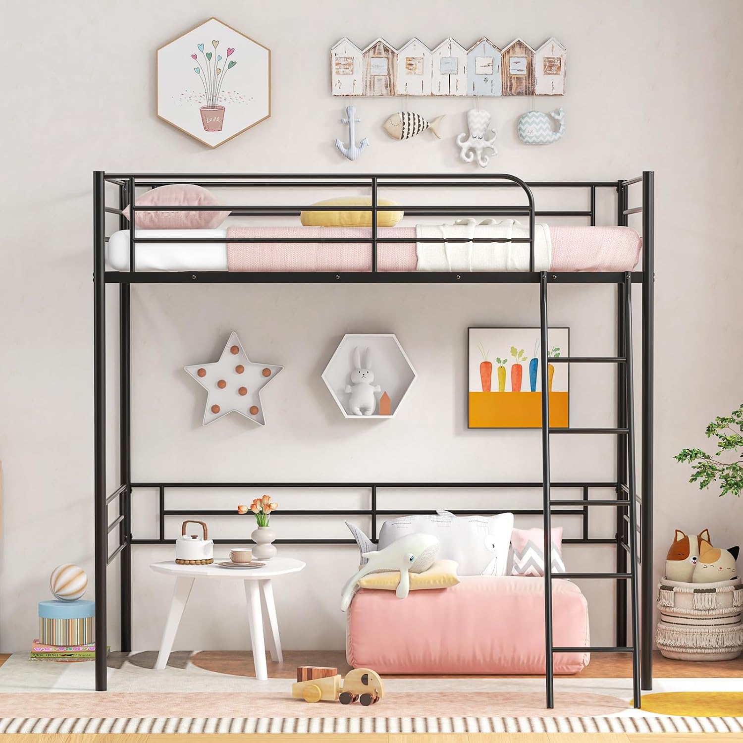 GIANTEX Twin Size Loft Bed, Metal Loft Bed Frame with Ladder & Safety Guardrail, Space-Saving with Ample Space Underneath, for Teens Junior and Adults