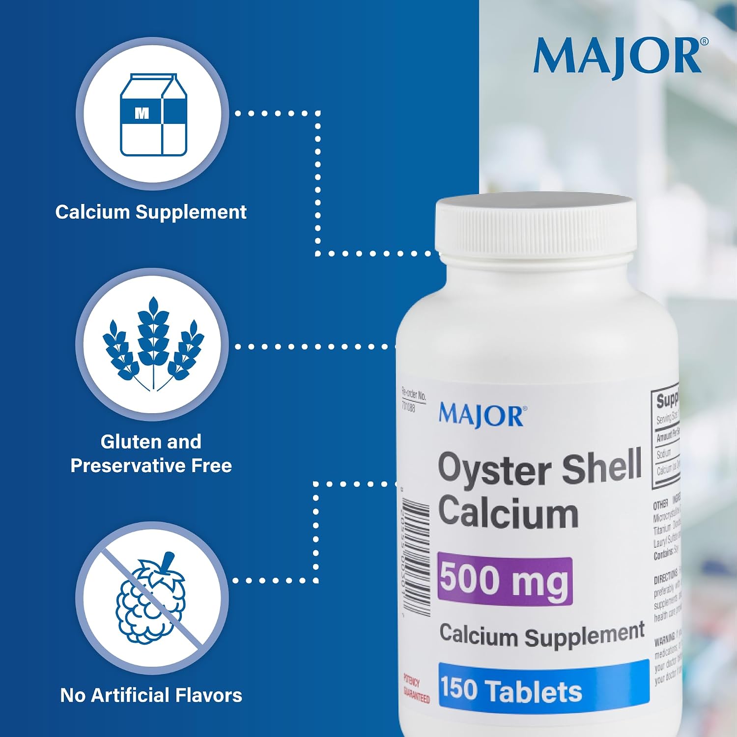 Major Oyster Shell Calcium 500 mg - Calcium Supplement - 150 Tablets (1 Pack)