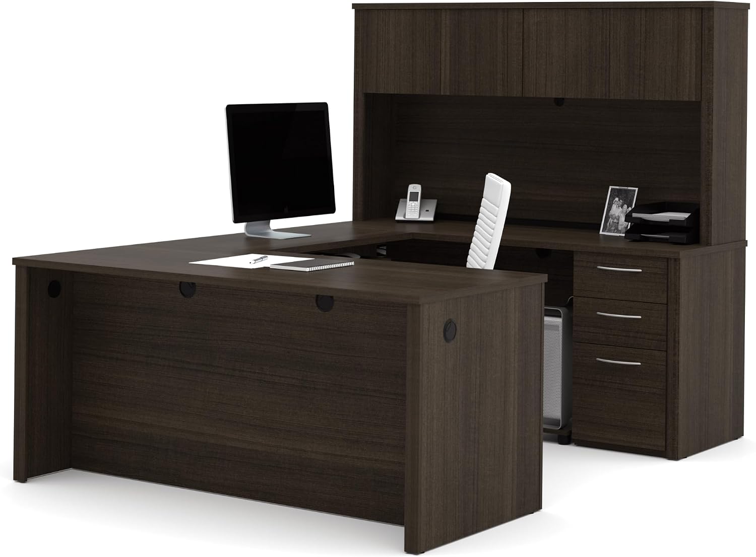 Bestar Embassy 66W U-Shaped Executive Desk with Pedestal and Hutch in Dark Chocolate | With Pedestal and Hutch, with Narrow Desk Shell, Desk Shell