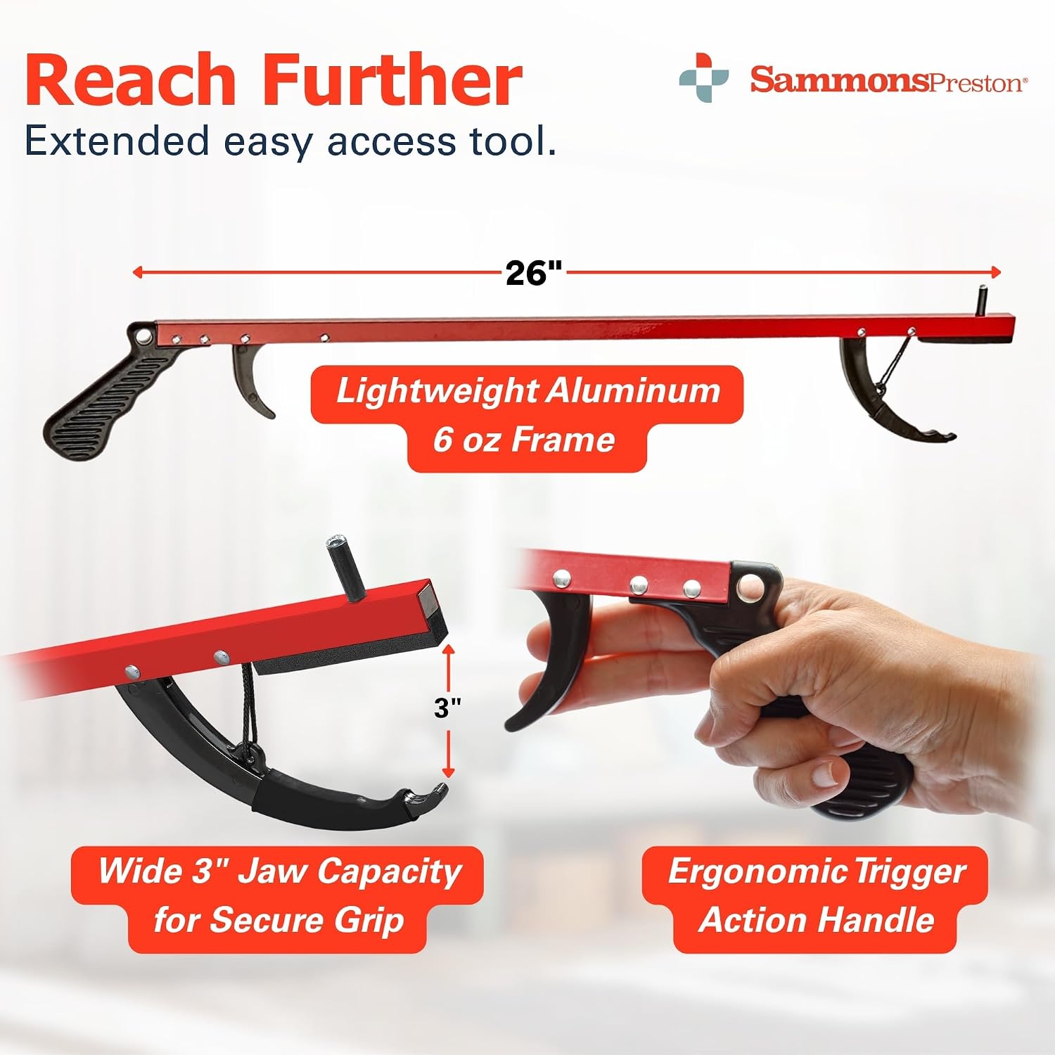 Sammons Preston Reacher, 32" Grabber Tool for Seniors, Magnetic Tip, Silver | Lightweight grabber reacher tool with magnetic tip, ergonomic grip and claw jaw, a reaching aid for seniors