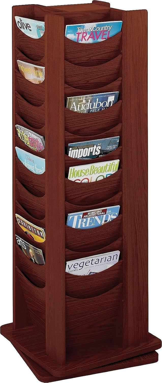 Safco Rotating Wire Magazine Holder, Metal Display Rack with 16 Pockets, 4 Tier Rolling Organizer, Powder Coat Finish, 5 Casters, Charcoal