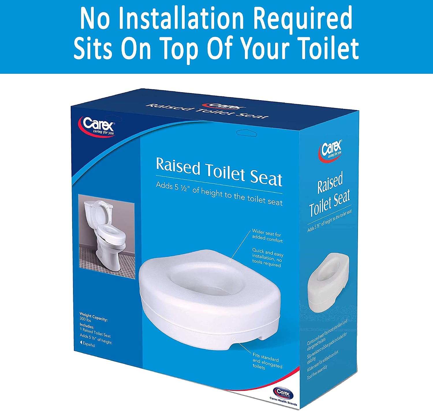Carex Toilet Seat Riser, 5 Inch, Toilet Seat Risers for Seniors, Raised Toilet Seat, Supports 300lbs, Slip-Resistant, Toilet Riser