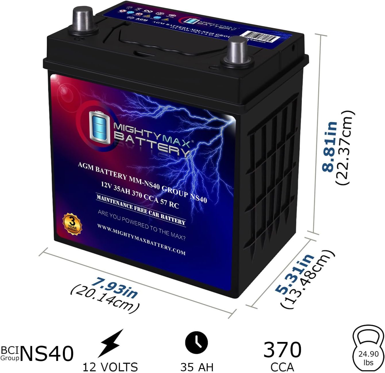 Mighty Max Battery MM-H8 Start and Stop Car BCI Group 49 12V 95Ah, 160RC, 900 CCA Rechargeable AGM Car Battery