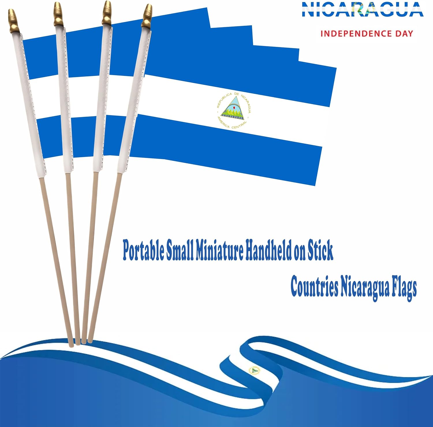 NJ & NJBW 20 Pack Small Mini Nicaragua Flag on Wooden Stick - 5 x 8inch Miniature Portable Handheld Pole Nicaraguan Flags Decorations