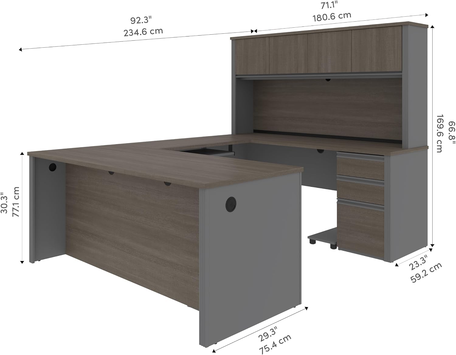 Bestar Prestige + 72W U-Shaped Executive Desk with 2 Pedestals and Hutch in White Chocolate & Antigua | With 2 Pedestals and Hutch; with Narrow Desk Shell, Desk Shell, Desk Bridge, Keyboard Tray, CPU Stand; stands 67 in. tall