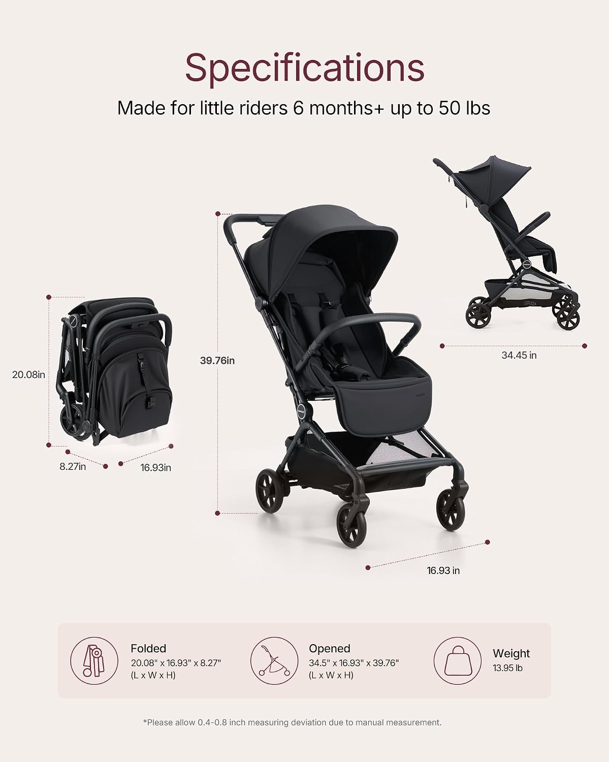 Momcozy TuckGo Ultra-Compact Travel Stroller for Toddlers, Carry-On Ready | Reclining Seat with UPF 50+ Canopy, Adjustable Leg Rest, 33 L Storage and Travel Bag Included