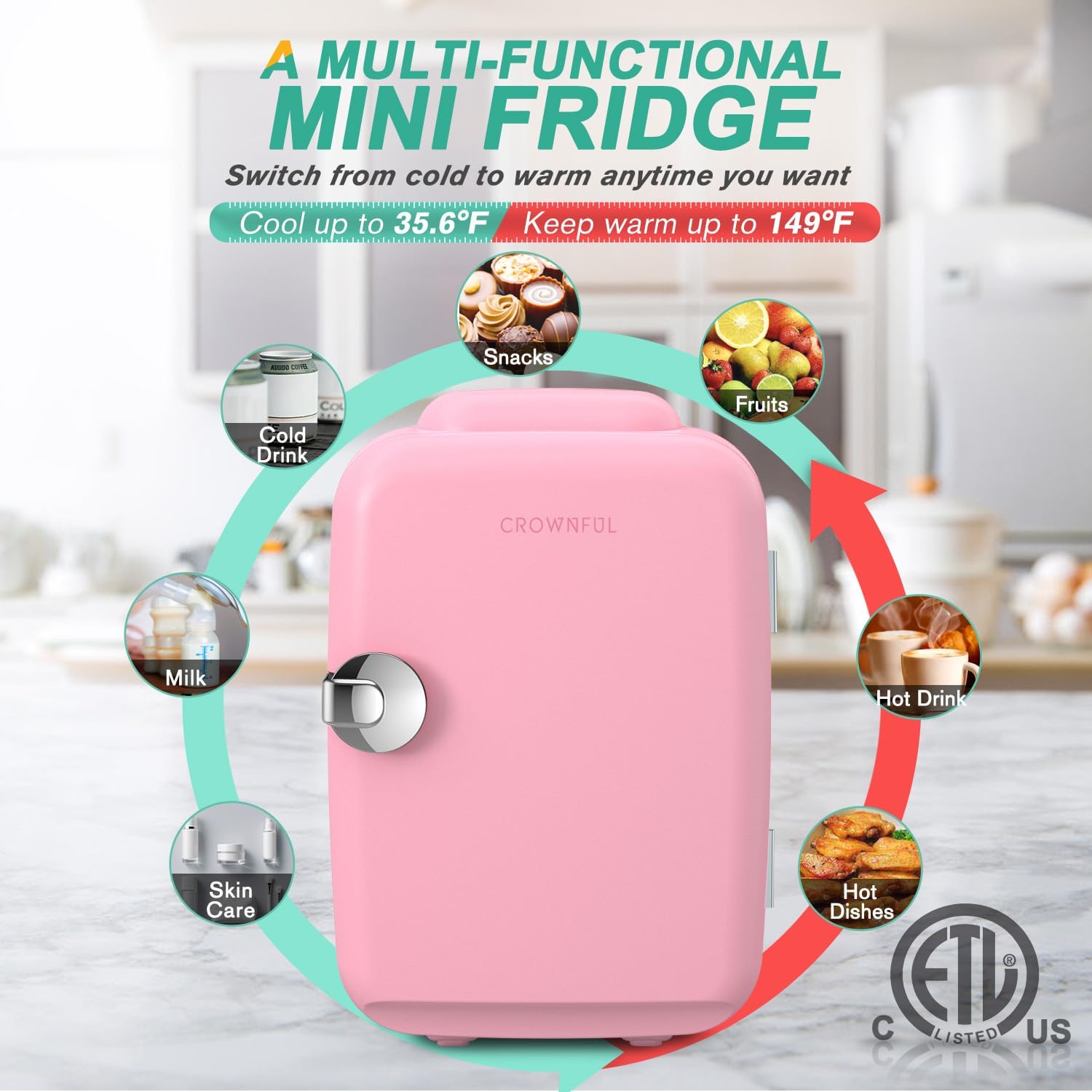 CROWNFUL Mini Fridge, 4 Liter/6 Can Portable Cooler and Warmer Personal Refrigerator for Skin Care, Cosmetics, Beverage, Food, Great for Bedroom