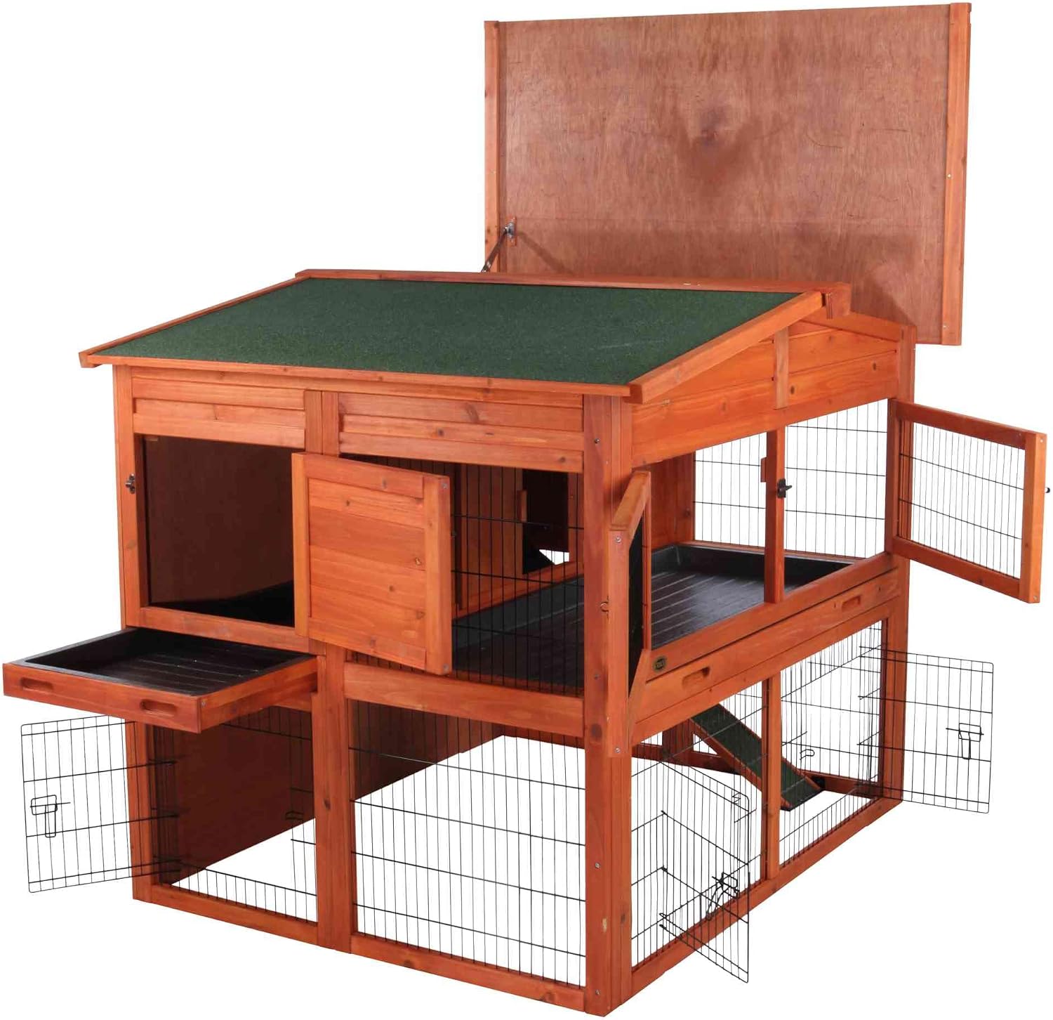 TRIXIE natura Outdoor Rabbit Hutch with Run - 2-Story Rabbit Cage with Non-Slip Ramp - Medium Elevated Small Animal House with Secure Playpen, Hinged Roof & Pull-Out Tray - in Brown