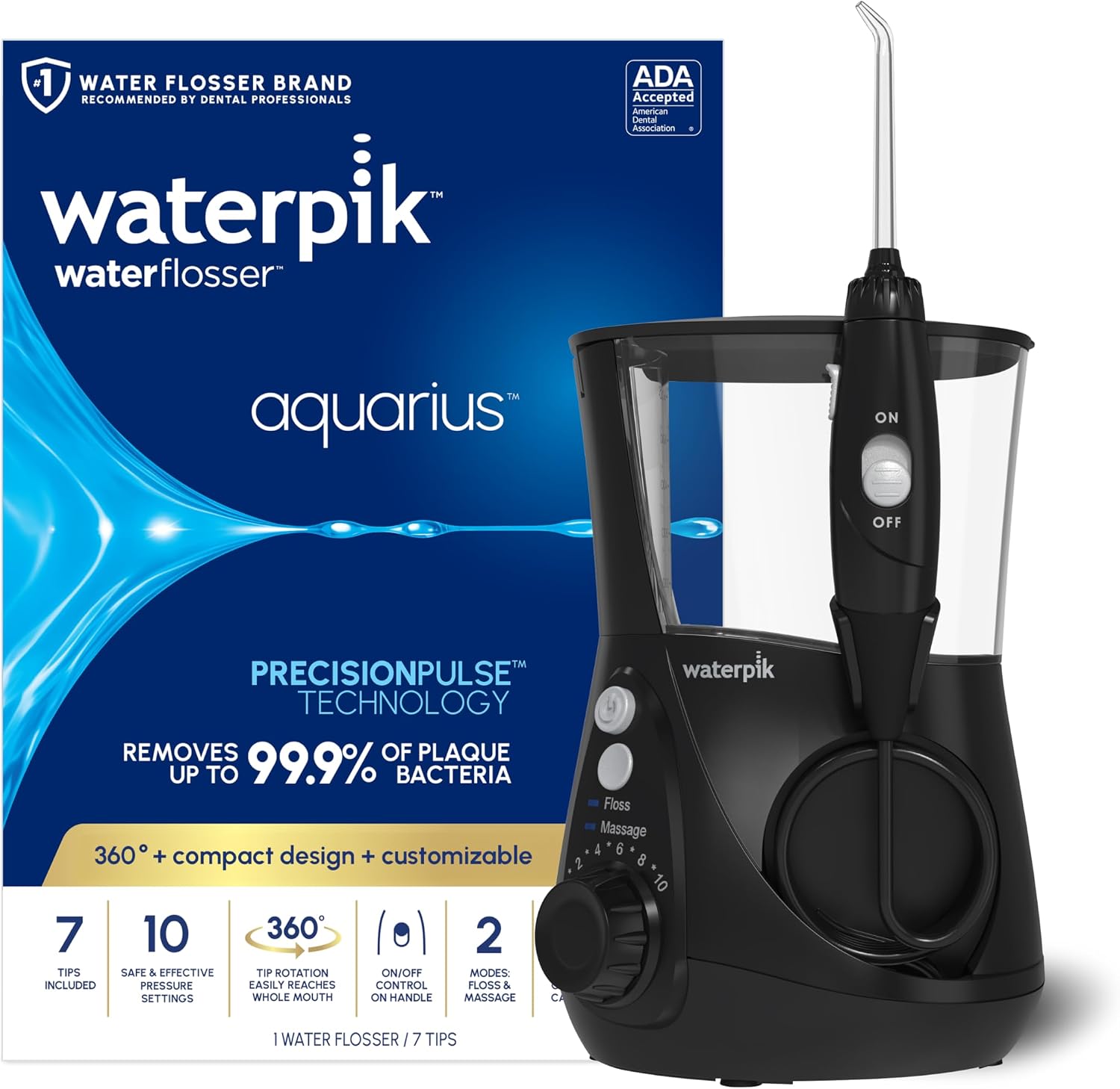 Waterpik Aquarius Countertop Water Flosser with 10 Settings, 7 Tips, White | For Daily Home Gum Health, Dental Braces, Implants, Teeth Cleaning, Multiple Users, ADA Accepted WP-660 Packaging May Vary