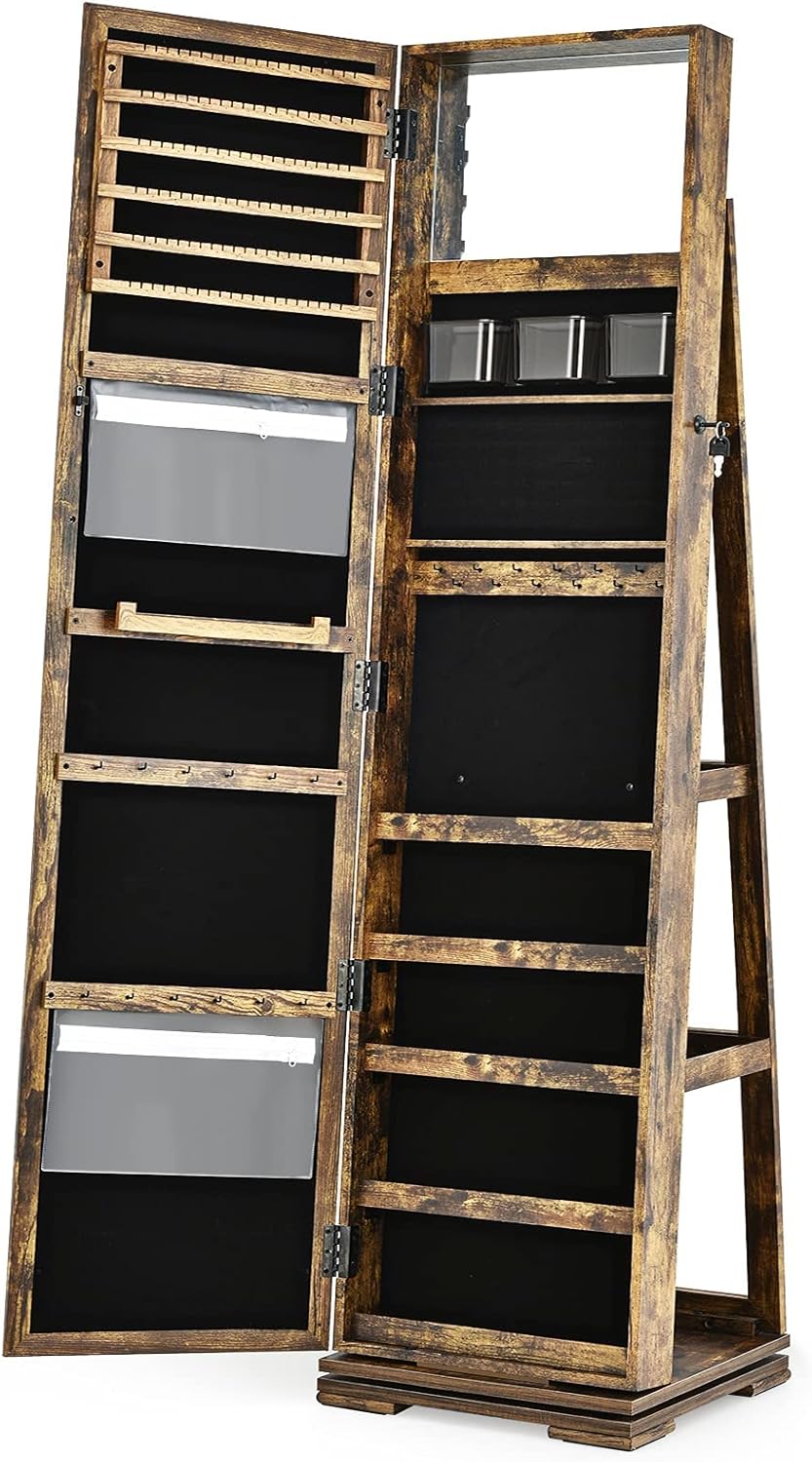 CHARMAID 360° Swivel Jewelry Armoire with Higher Full Length Mirror, Standing Lockable Jewelry Cabinet Organizer with Large Storage Capacity
