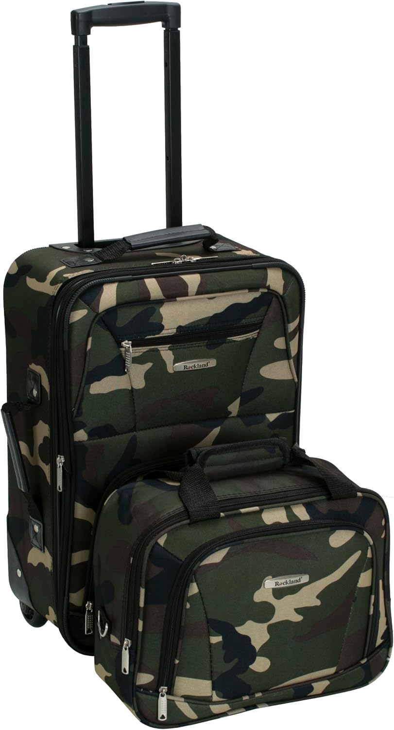 Rockland Fashion Softside Upright Luggage Set,Expandable, Telescopic Handle, Wheel, Black Dot, 2-Piece (14/19)