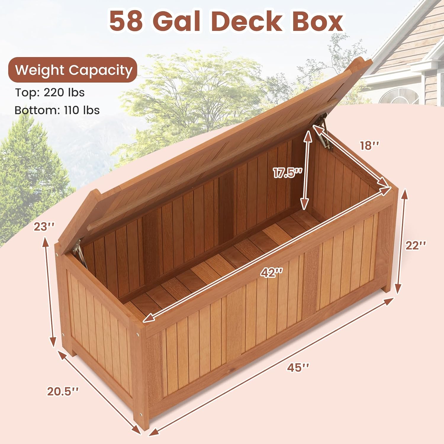Tangkula 46 Gallon Acacia Wood Deck Box, Garden Backyard Storage Bench, Outdoor Storage Container for Patio Furniture Cushions and Gardening Tools