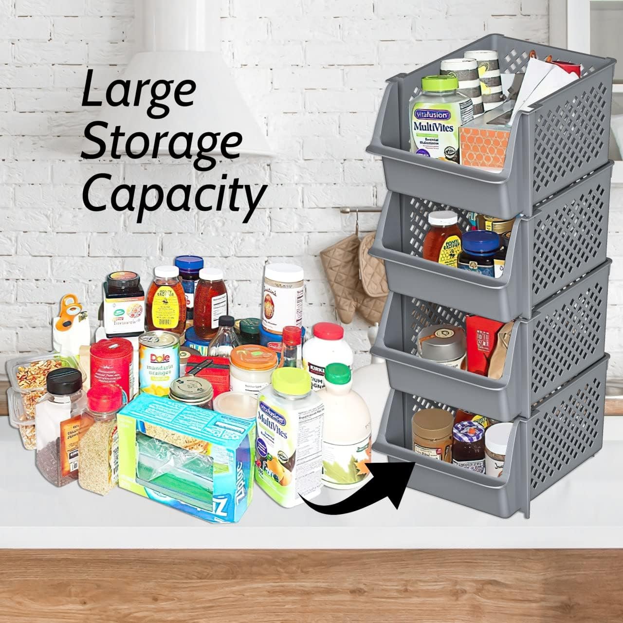 Skywin Stackable Storage Bins Open Front for Pantry Storage, 4 Pack - Black