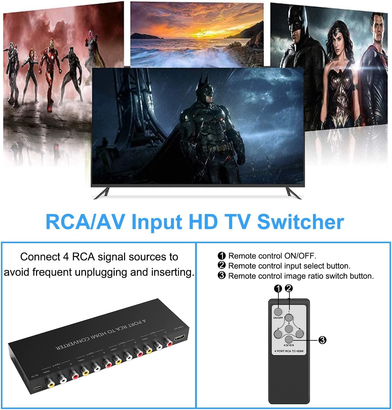 4Port AV to HDMI Converter, 4Port AV to HDMI Switcher with IR Remote