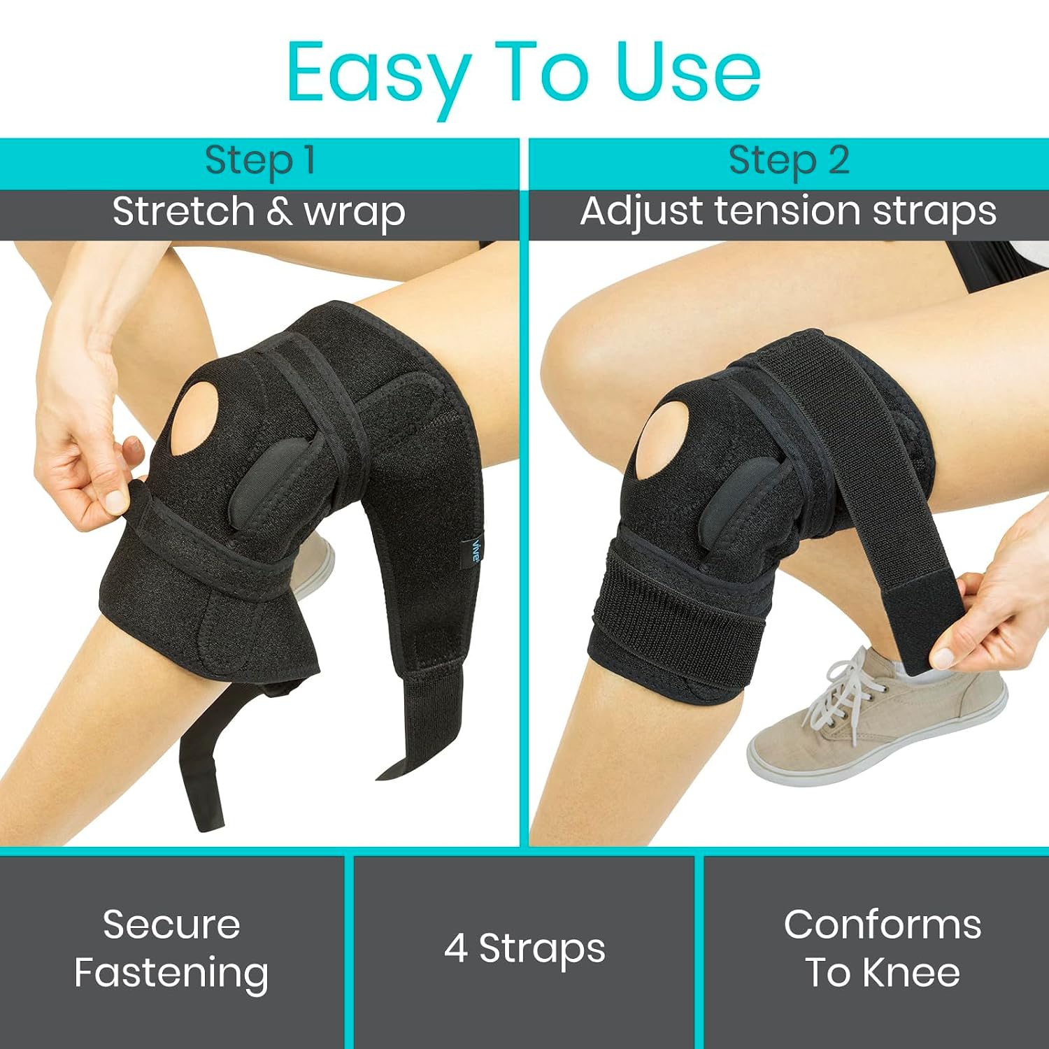 Vive Hinged Knee Brace - Relieves ACL, MCL, Meniscus Tear - Lightweight, Comfortable, Breathable Open Patella Wrap with Side Stabilizers - for Women & Men - Adjustable Strap for Tendonitis | Comfortable, Breathable Open Patella Wrap with Side Stabilizers…