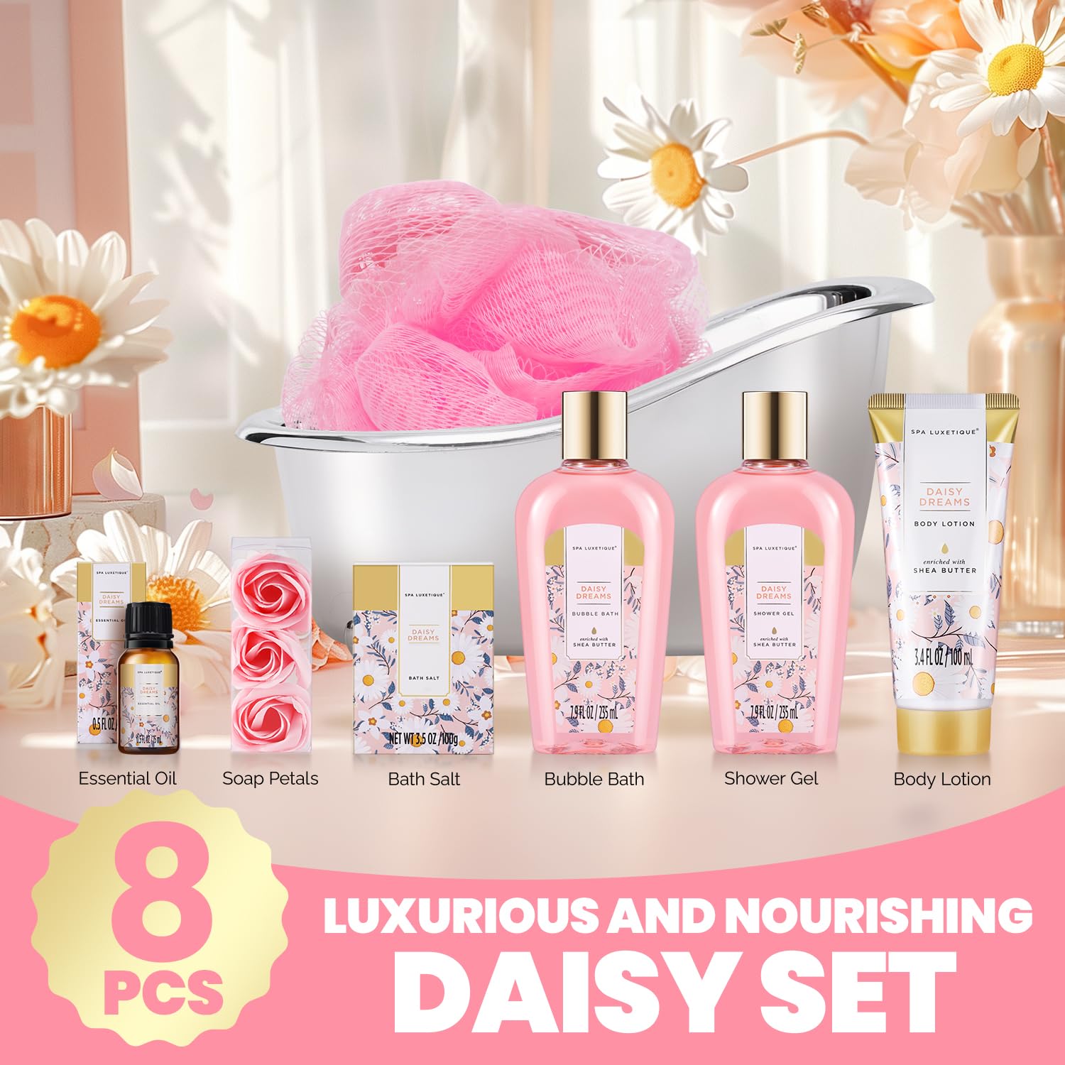 Self Care Gifts for Women, Spa Luxetique 8pcs Daisy Bath and Body Gift Baskets for Her, Bath Set with Bubble Bath, Lotion, Christmas Gifts for Mom