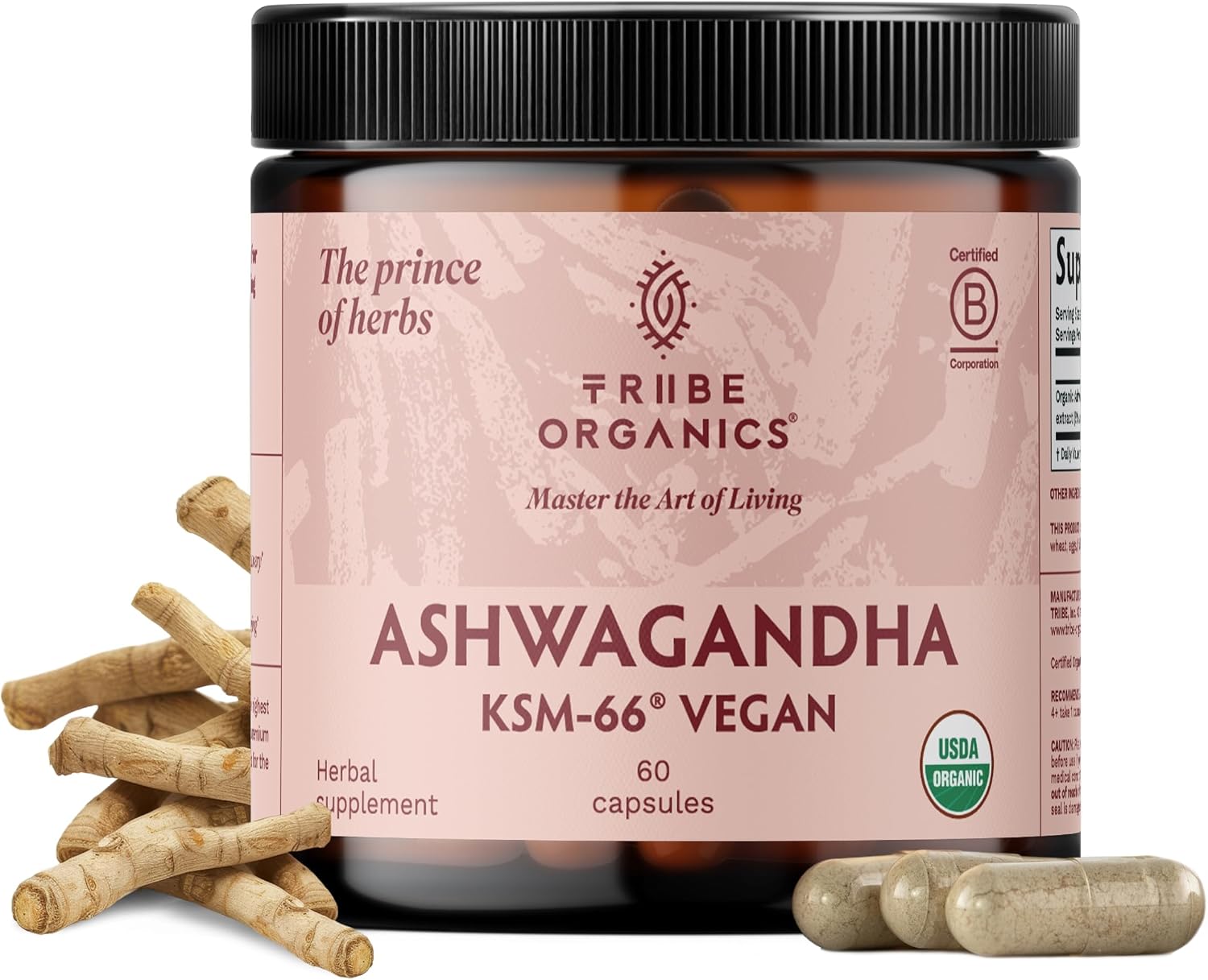 TRIBE ORGANICS Vegan Ashwagandha KSM 66 Pure Organic Root Powder Extract Ayurvedic Supplement - Focus Mood Support Increase Energy Strength 600mg of