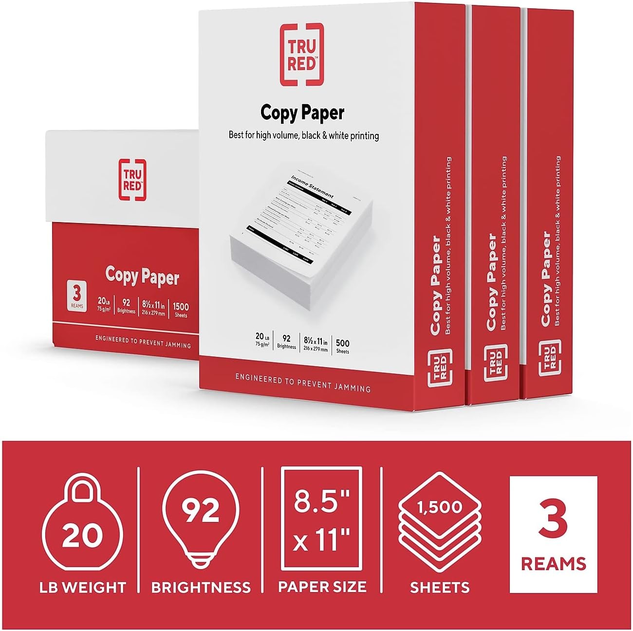 Staples TRU RED Copy & Printer Paper, 8.5 x 11, 20 lb, 92 Bright, 5,000 Sheets/Carton, White Letter Size Paper for Office, School & Home