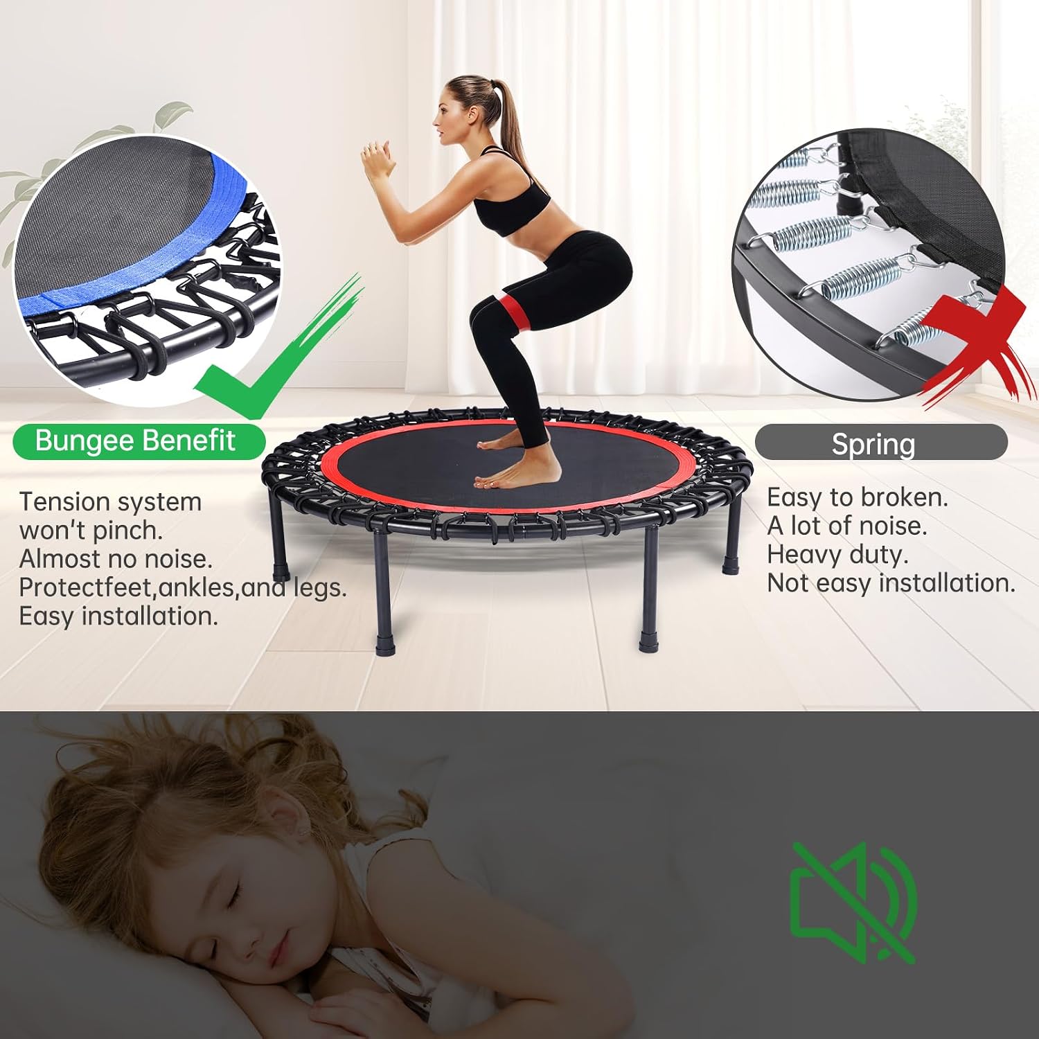40" Mini Trampoline for Adults, Fitness Rebounder with Elastic Bands, Indoor Exercise Trampoline, Low Impact Workout Equipment for Home Gym