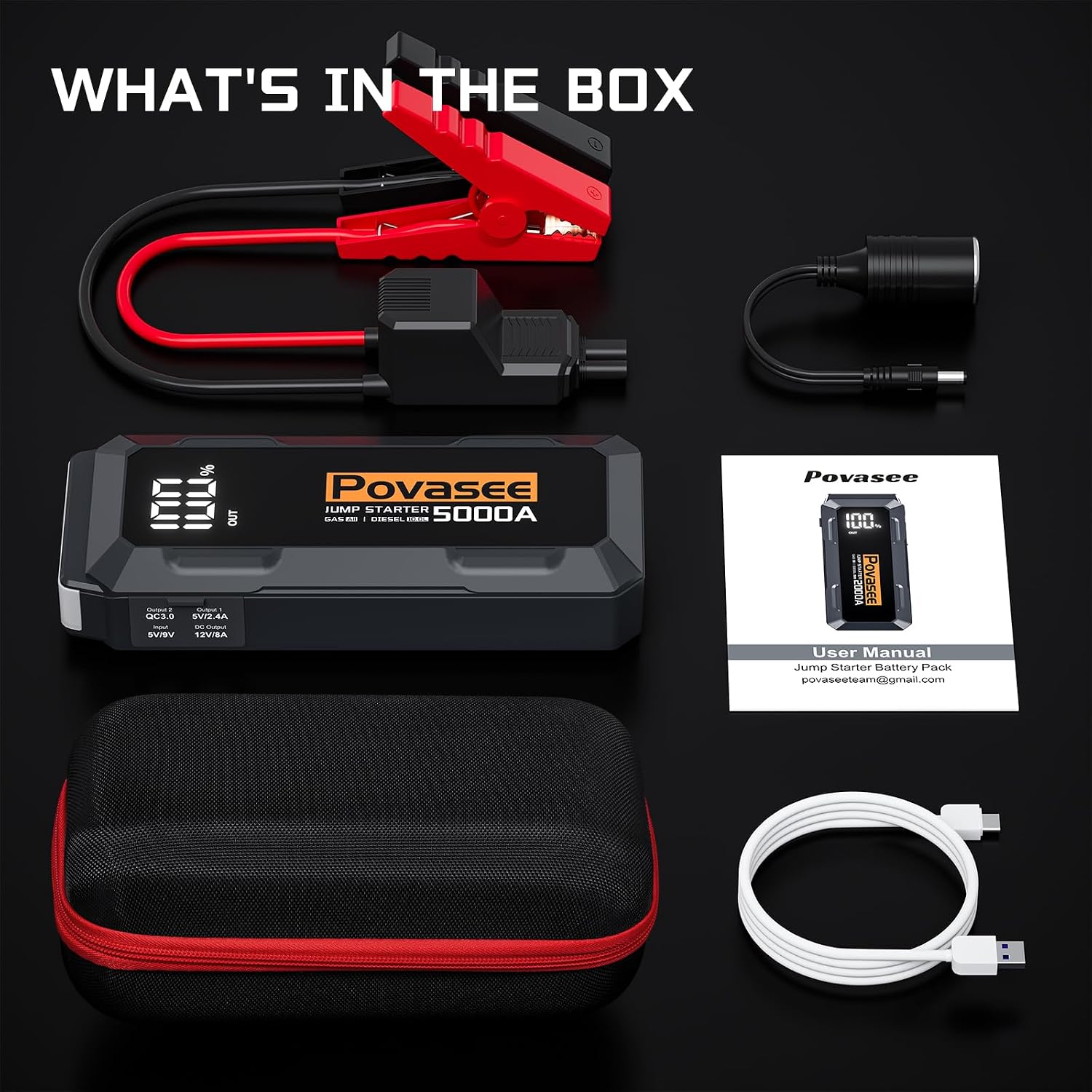 [2026NEW Model] 5000A Jump Starter with Air Compressor,Car Jumper Starter Portable with 150PSI Tire Inflator 12V Jump Box with LCD Display,Flashlight,Storage Case (Up 9L Gas/8L Diesel Engine